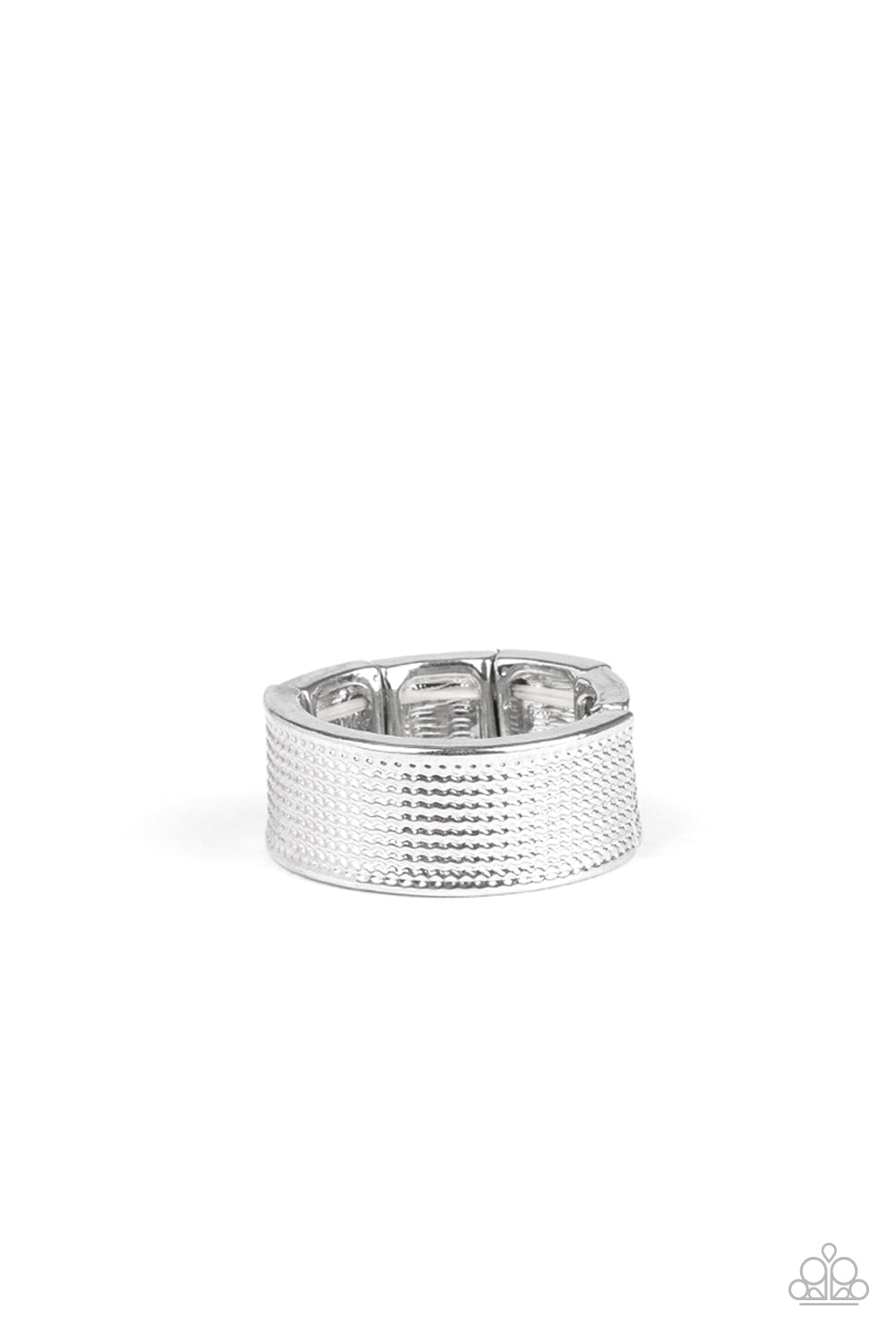 Uppercut Silver Urban Ring - Paparazzi Accessories Hammered in row after row of dotted texture, a shiny silver band arcs across the finger for an edgy industrial look. Features a stretchy band for a flexible fit. All Paparazzi Accessories are lead free and nickel free! Sold as one individual ring.