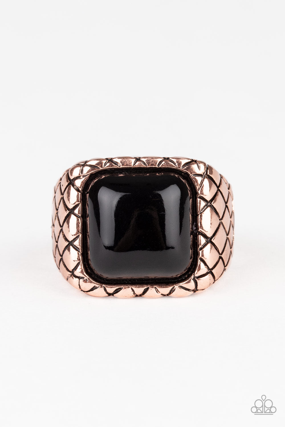 Dont Cross Me Copper Urban Ring - Paparazzi Accessories An oversized black square bead is pressed into the center of a thick copper band stamped in crisscrossing texture for an edgy look. Features a stretchy band for a flexible fit. All Paparazzi Accessories are lead free and nickel free! Sold as one individual ring.