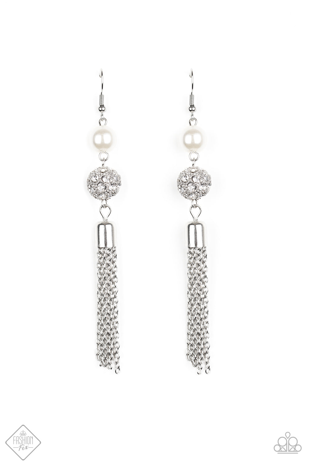 Going DIOR to DIOR White Pearl Earring - Paparazzi Accessories A solitaire white pearl gives way to a glittery white rhinestone-encrusted silver bead. A shimmery silver tassel cascades from the bottom of the stacked elegance for a flirty finish. Earring attaches to a standard fishhook fitting. Sold as one pair of earrings.