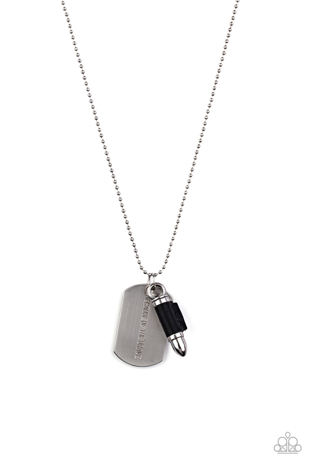 Proud Patriot Black Necklace - Paparazzi Accessories Pinched between a black leather fitting, a silver bullet pendant joins a silver dog tag at the bottom of a silver ball chain. The shimmery dog tag is stamped in the phrase, "Because of the Brave," for a patriotic finish. Features a ball and clasp closure. Sold as one individual necklace. P2MN-URBK-057XX