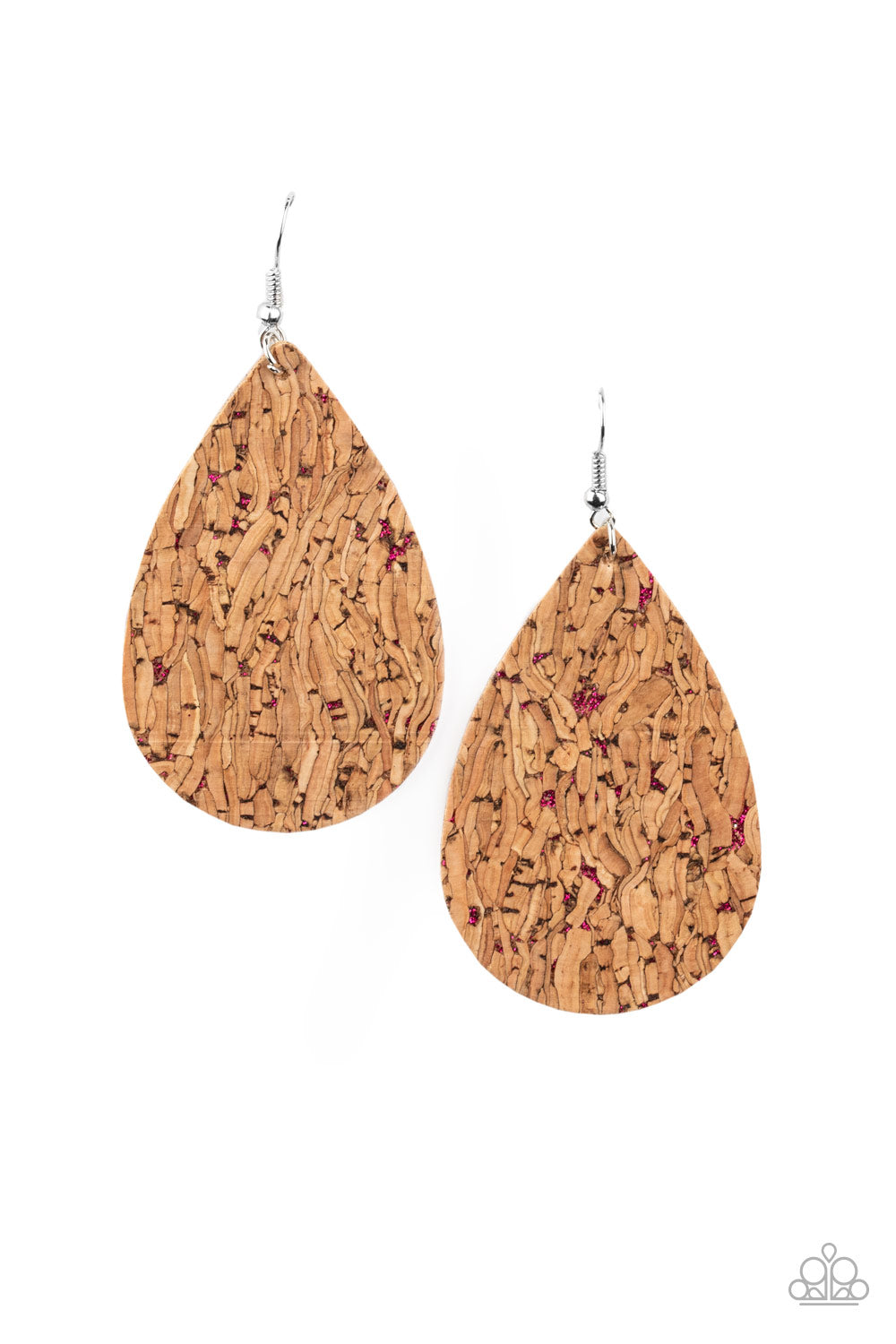 CORK It Over Pink Earring - Paparazzi Accessories Flecked in metallic pink accents, a cork-like teardrop frame swings from the ear for a seasonal look. Earring attaches to a standard fishhook fitting. All Paparazzi Accessories are lead free and nickel free! Sold as one pair of earrings.