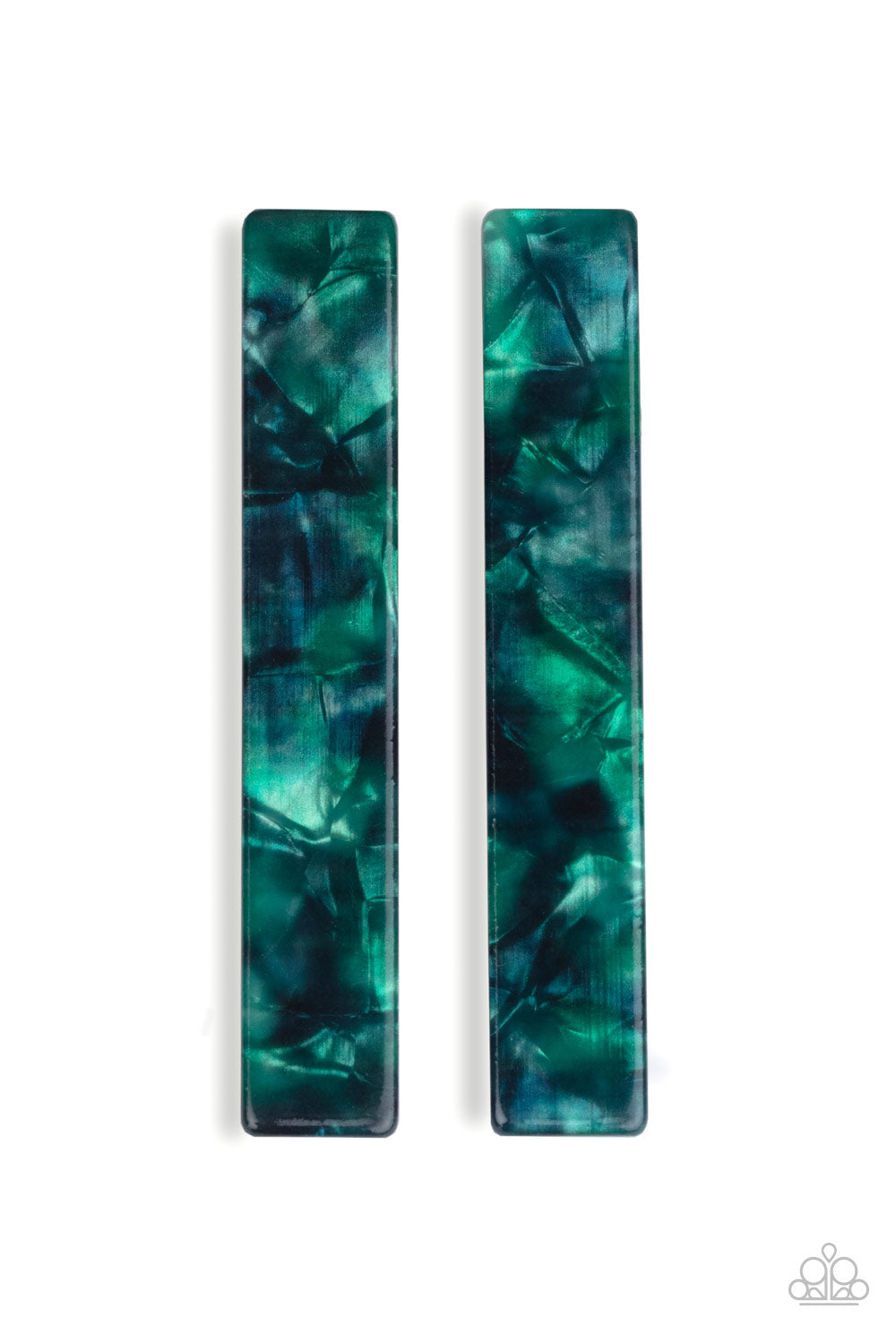 Right HAIR, Right Now Green Hair Clip - Paparazzi Accessories. Speckled in green accents, a pair of iridescent acrylic frames pin back the hair for a colorfully retro look. Features standard hair clips on the back. Color may vary. All Paparazzi Accessories are lead free and nickel free! Sold as one pair of hair clips.