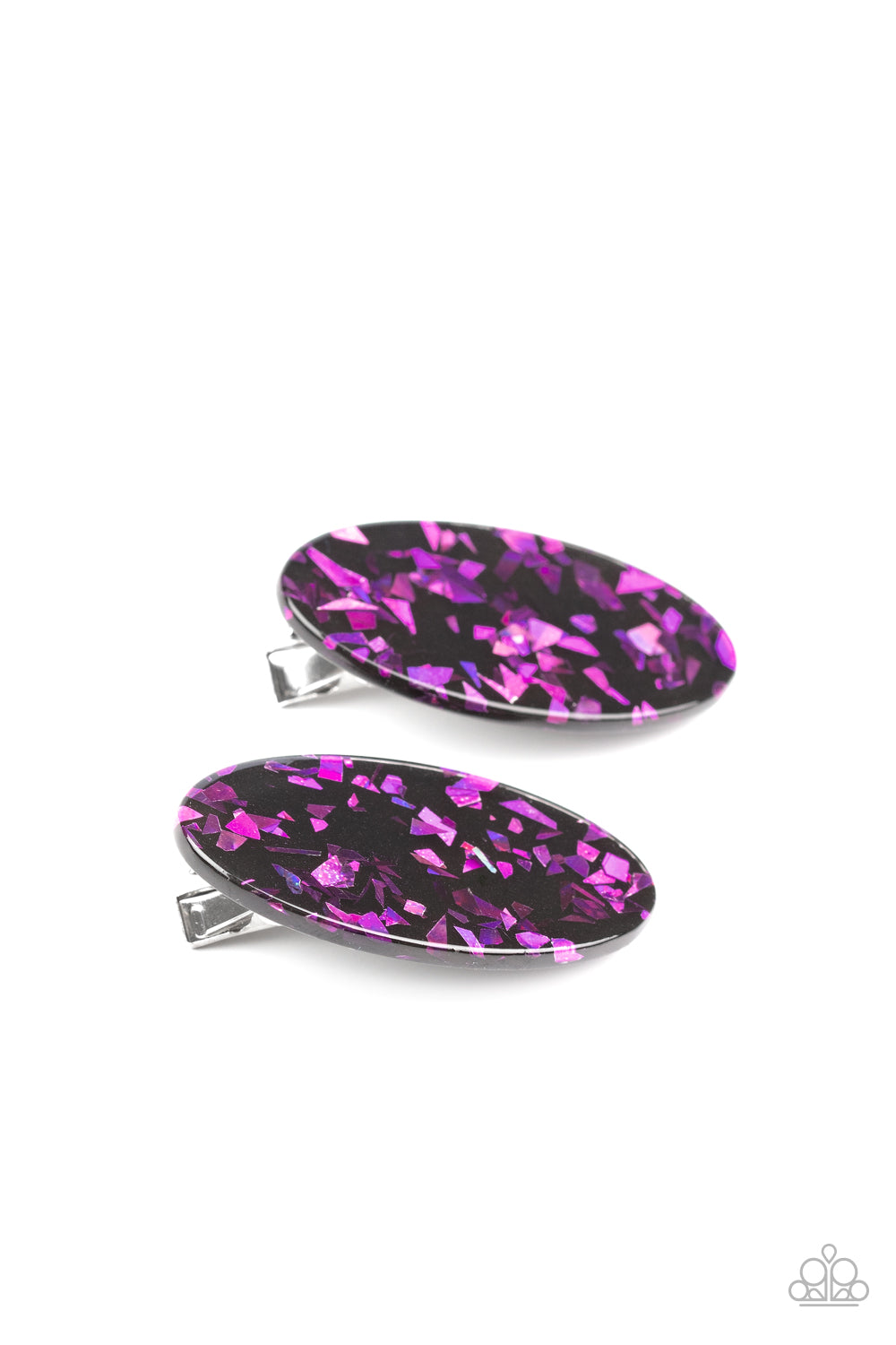 Get OVAL Yourself! Purple Hair Clip - Paparazzi Accessories Featuring purple iridescent flecks, a pair of black oval hair clips pull back the hair for a retro look. Features a standard hair clip on the back. All Paparazzi Accessories are lead free and nickel free! Sold as one pair of hair clips.