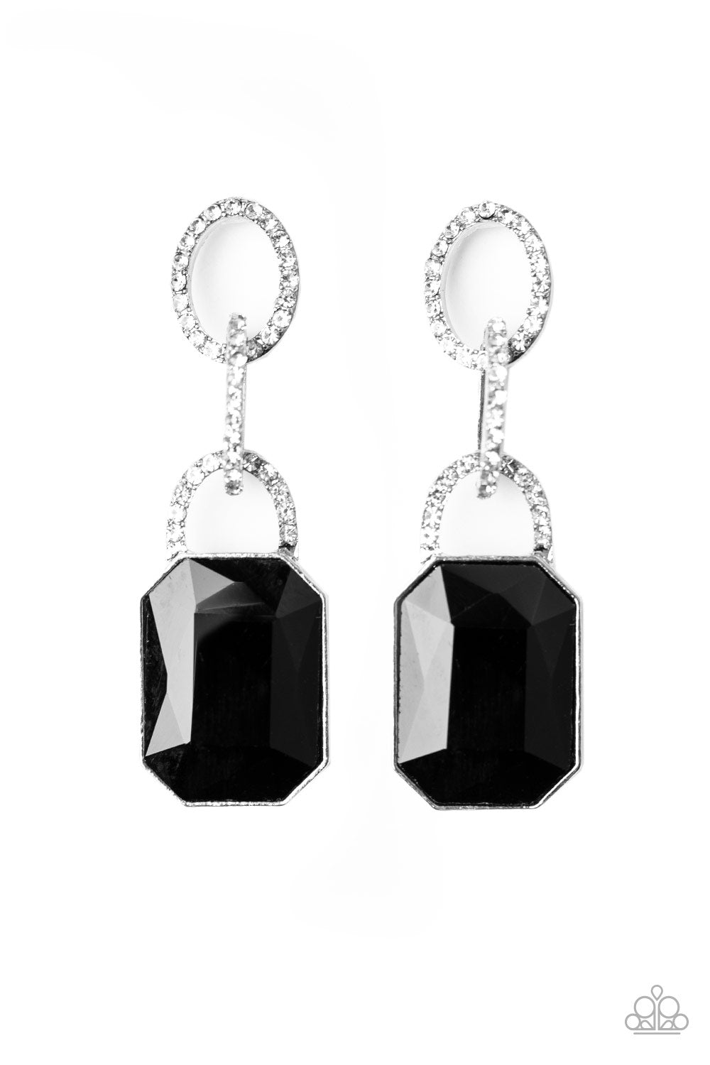 Superstar Status Black Earring - Paparazzi Accessories An oversized black emerald-cut rhinestone swings from the bottom of white rhinestone encrusted links, creating a gorgeously dramatic lure. Earring attaches to a standard post fitting. Sold as one pair of post earrings.