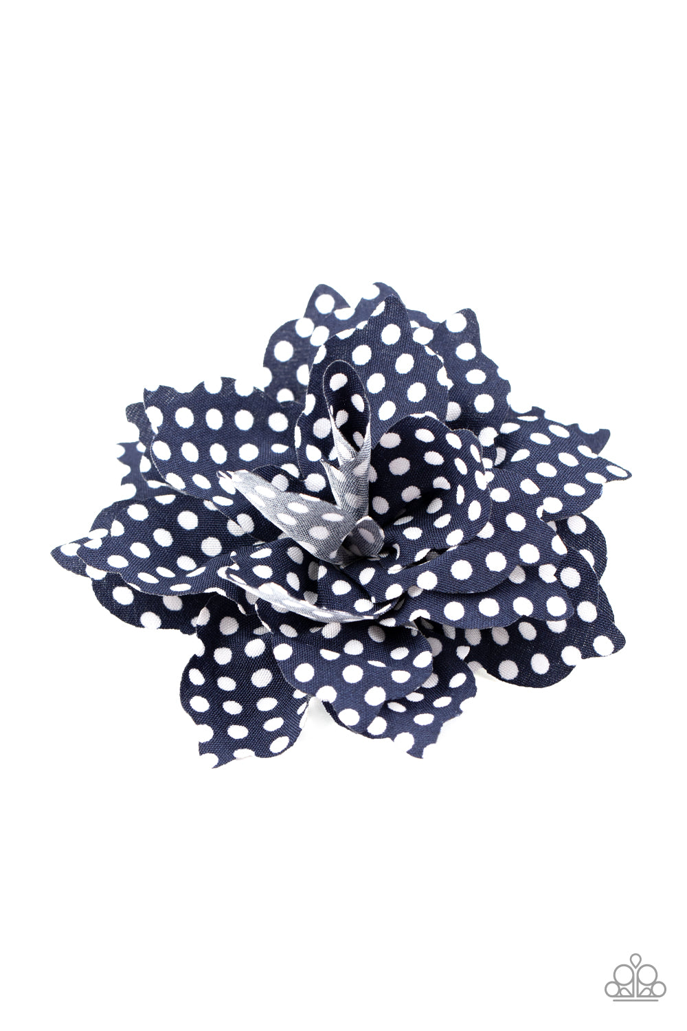 Springtime Social Blue Hair Clip - Paparazzi Accessories Dotted in white polka dots, soft navy blue petals gather into a playful blossom for a seasonal look. Features a standard hair clip. Sold as one individual hair clip.