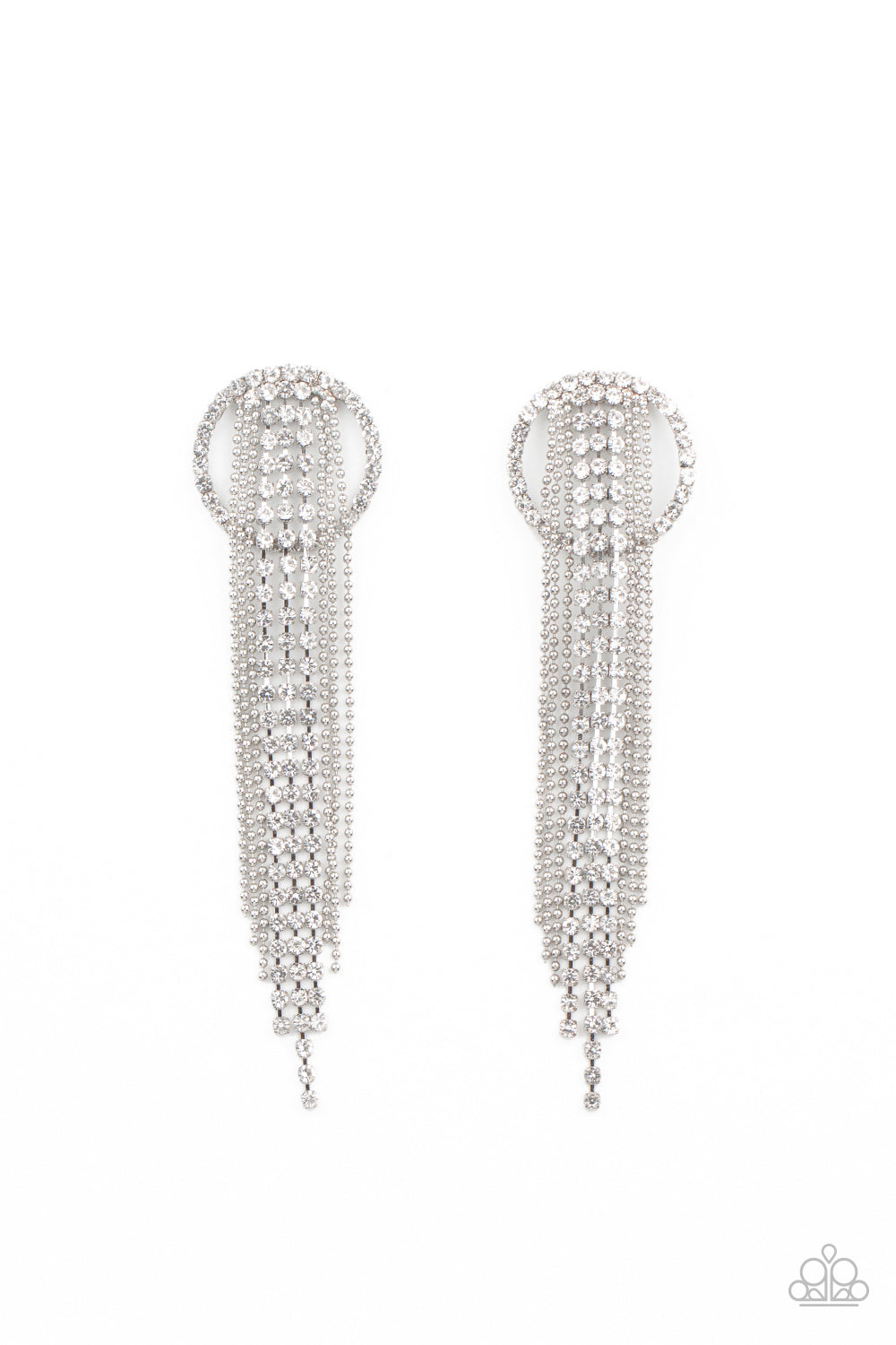 Dazzle by Default White Earring - Paparazzi Accessories Dainty strands of glassy white rhinestones and shimmery silver ball-chain stream from the top of a bedazzled white rhinestone hoop, creating a dazzling fringe. Earring attaches to a standard post fitting. All Paparazzi Accessories are lead free and nickel free! Sold as one pair of post earrings.