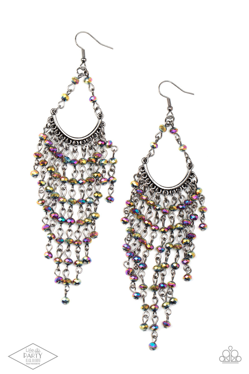 Metro Confetti Multi Earring - Paparazzi Accessories Oil spill rhinestone beaded tassels cascade from the bottom of a bowing gunmetal bar, creating an ethereal tapered fringe. Earring attaches to a standard fishhook fitting. Sold as one pair of earrings. This Fan Favorite is back in the spotlight at the request of our 2021 Life of the Party member with Black Diamond Access, Heather L.