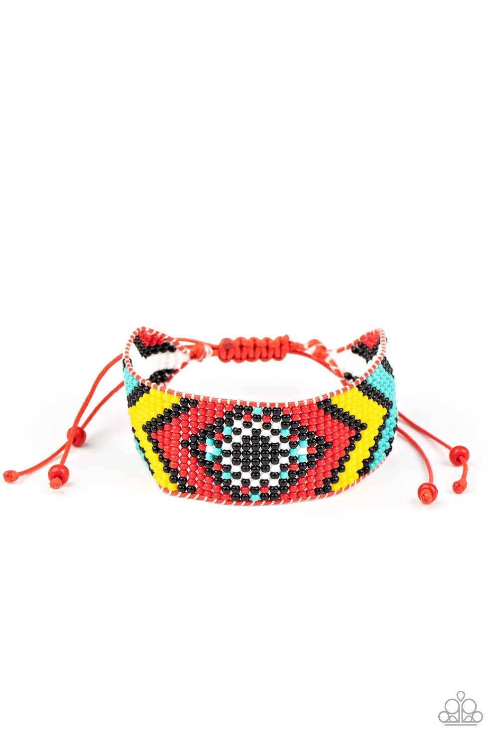 Desert Dive Red Bracelet - Paparazzi Accessories A dainty collection of red, black, yellow, white, and turquoise beads are delicately weaved into a colorful textile pattern across the wrist for a southwestern inspired fashion. Features an adjustable sliding knot closure. All Paparazzi Accessories are lead free and nickel free! Sold as one individual bracelet.