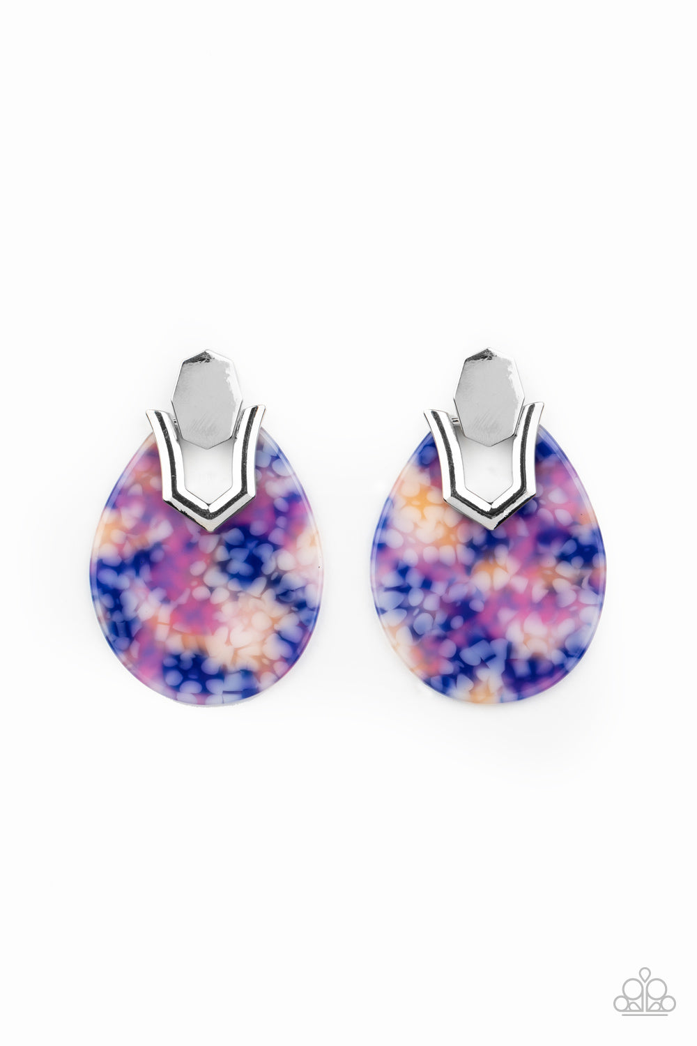 HAUTE Flash Blue Earring - Paparazzi Accessories Speckled in a colorful watercolor pattern, a teardrop acrylic frame fastens to a shiny silver fitting for a trendy retro look. Earring attaches to a standard post fitting. All Paparazzi Accessories are lead free and nickel free! Sold as one pair of post earrings.