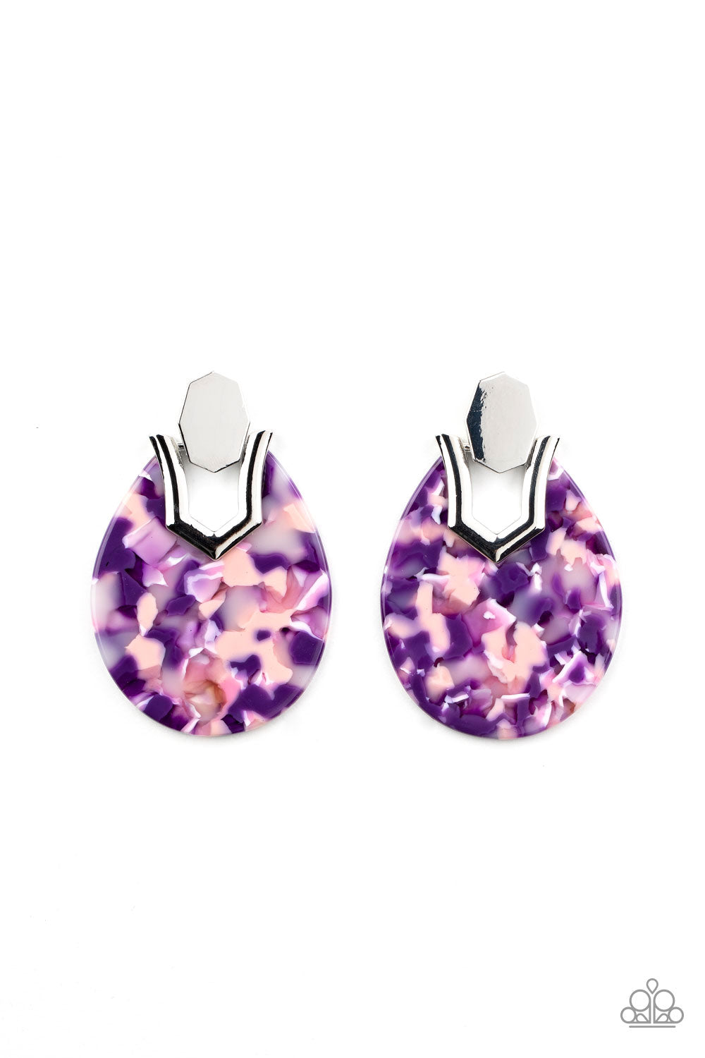 HAUTE Flash Purple Acrylic Earring - Paparazzi Accessories Speckled in a colorful purple and pink tortoise shell-like pattern, a teardrop acrylic frame fastens to a shiny silver fitting for a trendy retro look. Earring attaches to a standard post fitting. Sold as one pair of post earrings.