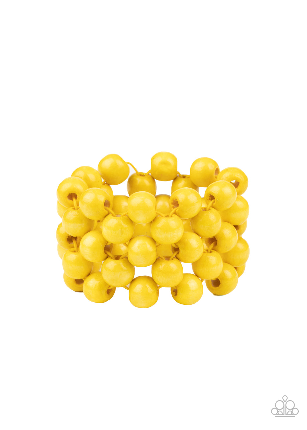 Tiki Tropicana Yellow Wooden Bracelet - Paparazzi Accessories. An oversized collection of sunny yellow wooden beads are threaded along stretchy bands that ornately weave across the wrist, creating a decorative summery pattern. All Paparazzi Accessories are lead free and nickel free! Sold as one individual bracelet.