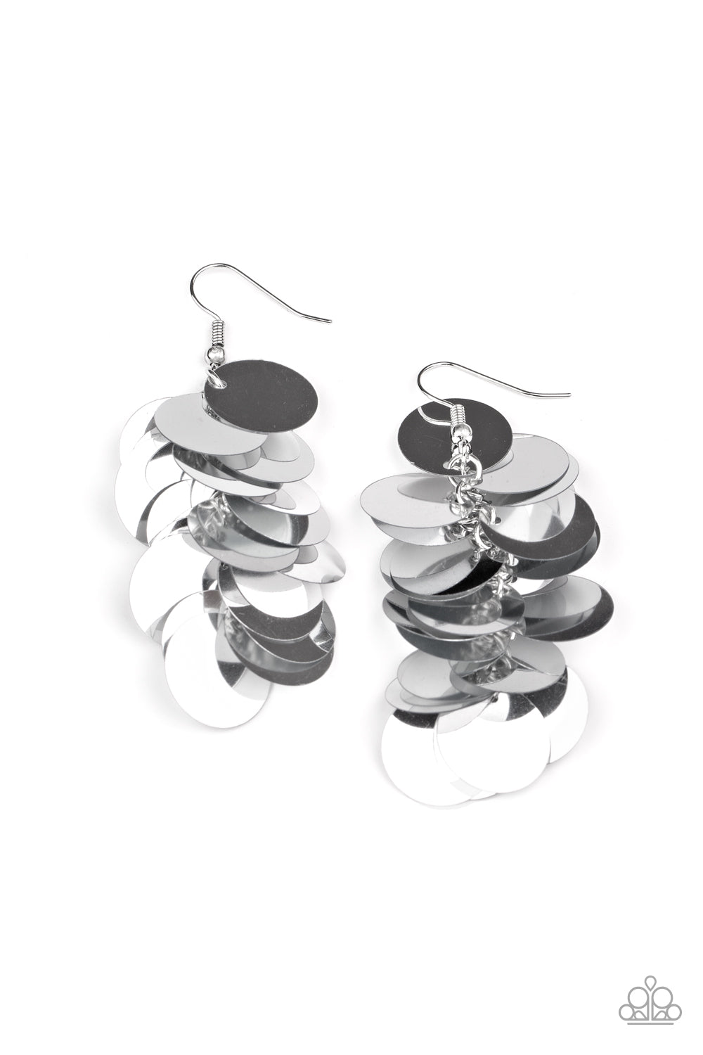 Now You SEQUIN It Silver Earring - Paparazzi Accessories A cluster of bubbly silver sequins dangle from the ear, creating effortless effervescence. Earring attaches to a standard fishhook fitting. Sold as one pair of earrings.