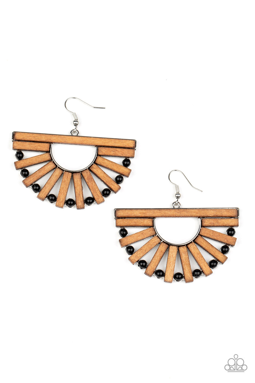 Wooden Wonderland Black Earring - Paparazzi Accessories. Wooden rectangular frames and dainty black beads alternate along an airy silver frame, coalescing into a radiant crescent for an earthy flair. Earring attaches to a standard fishhook fitting. All Paparazzi Accessories are lead free and nickel free! Sold as one pair of earrings.