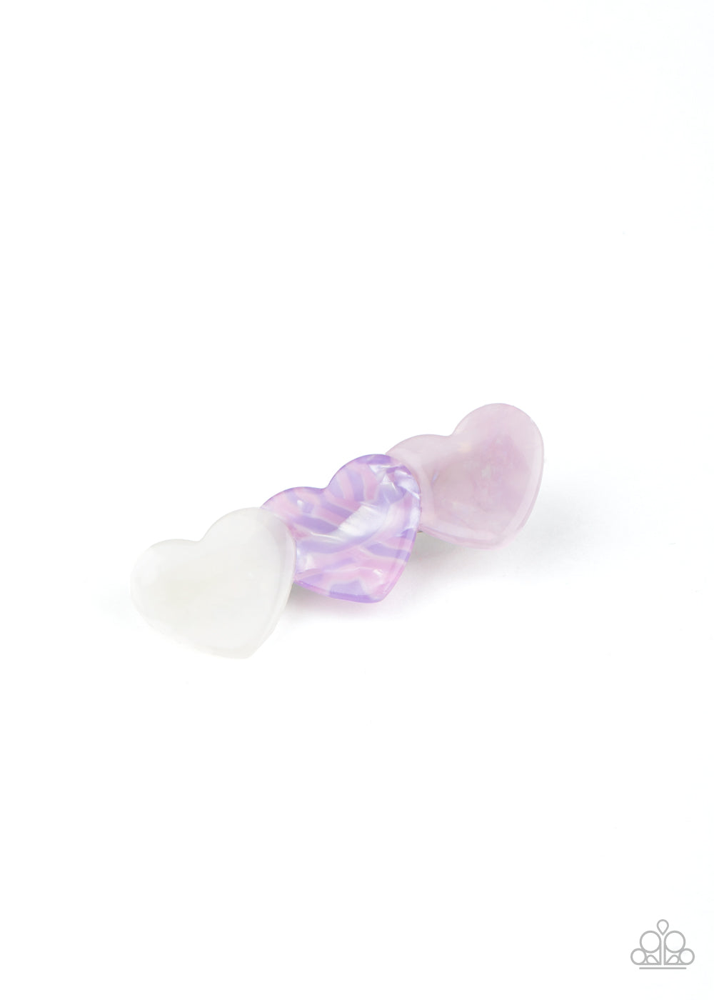 Doesnt HEART To Ask Purple Hair Clip - Paparazzi Accessories Featuring polished and shell-like finishes, a trio of white, multicolored, and purple heart-shaped acrylic frames delicately overlap into a charming frame. Features a standard hair clip on the back. Sold as one individual hair clip.