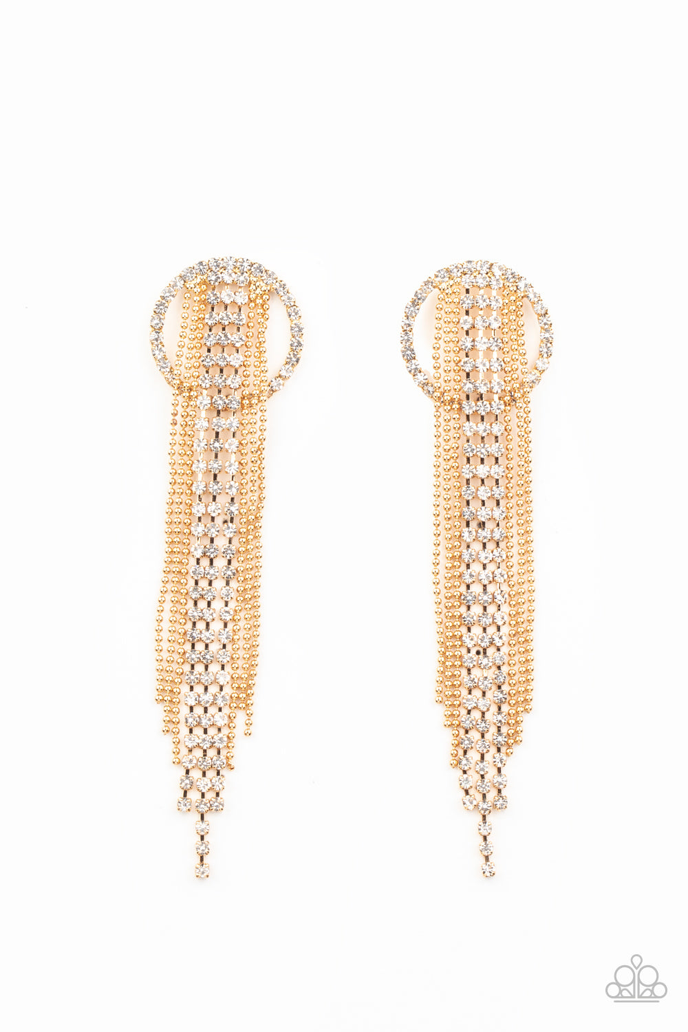 Dazzle by Default Gold Earring - Paparazzi Accessories Dainty strands of glassy white rhinestones and shimmery gold ball-chain stream from the top of a bedazzled white rhinestone hoop, creating a dazzling fringe. Earring attaches to a standard post fitting. All Paparazzi Accessories are lead free and nickel free! Sold as one pair of post earrings.