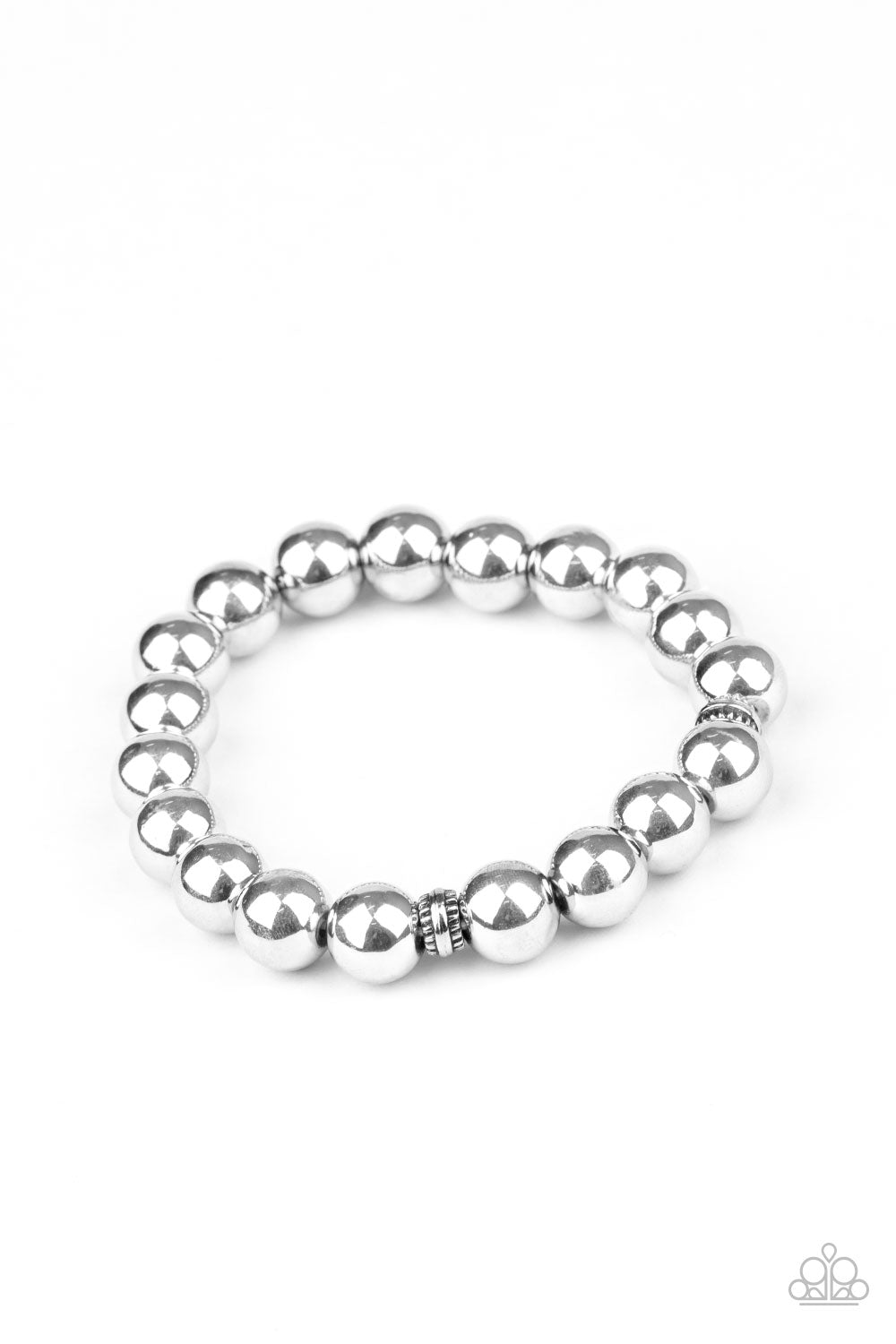 Resilience Silver Urban Bracelet - Paparazzi Accessories Infused with dainty silver accent pieces, a collection of oversized silver beads are threaded along a stretchy band around the wrist for a causally urban look. All Paparazzi Accessories are lead free and nickel free! Sold as one individual bracelet.