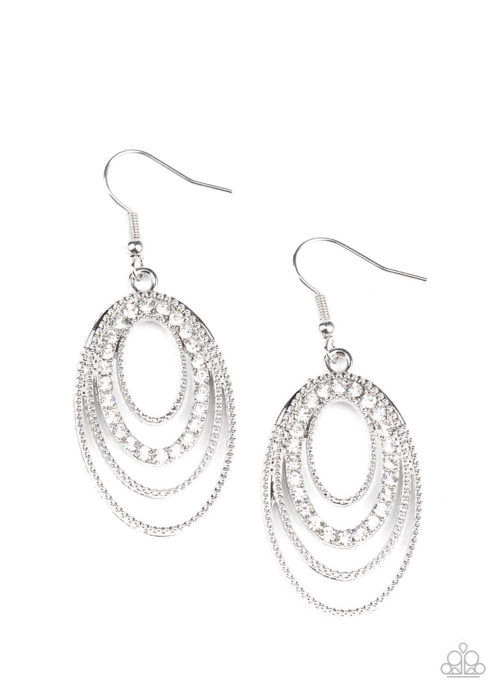 Date Night Diva White Earring - Paparazzi Accessories A ring of glittery white rhinestones and studded silver ovals ripple out into a glittery lure. Earring attaches to a standard fishhook fitting. All Paparazzi Accessories are lead free and nickel free! Sold as one pair of earrings.