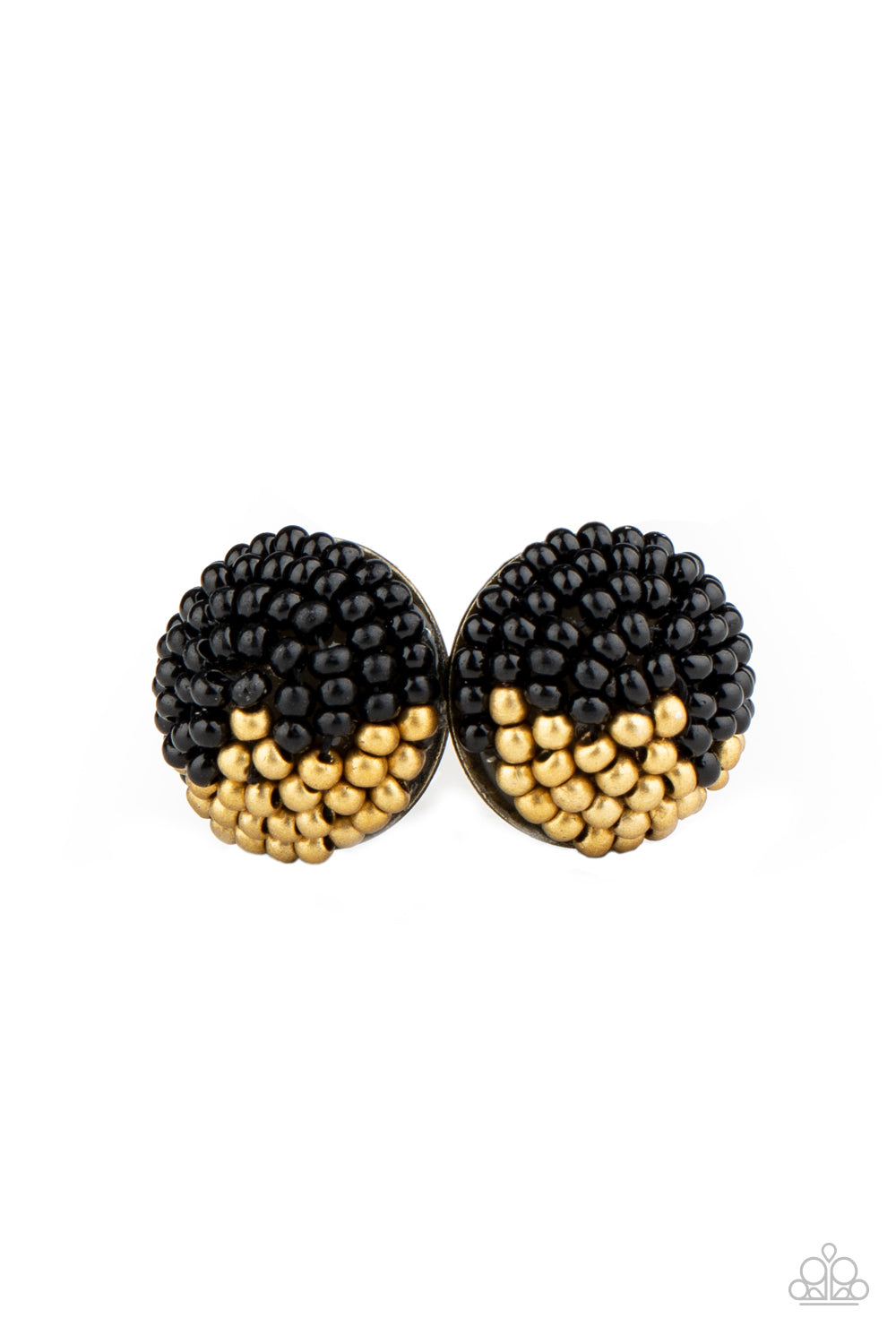 As Happy As Can BEAD - Black Item #P5PO-BKXX-150XX A dainty collection of black and brassy seed beads embellished the front of a circular frame, creating a colorful half and half pattern. Earring attaches to a standard post fitting. Sold as one pair of post earrings.