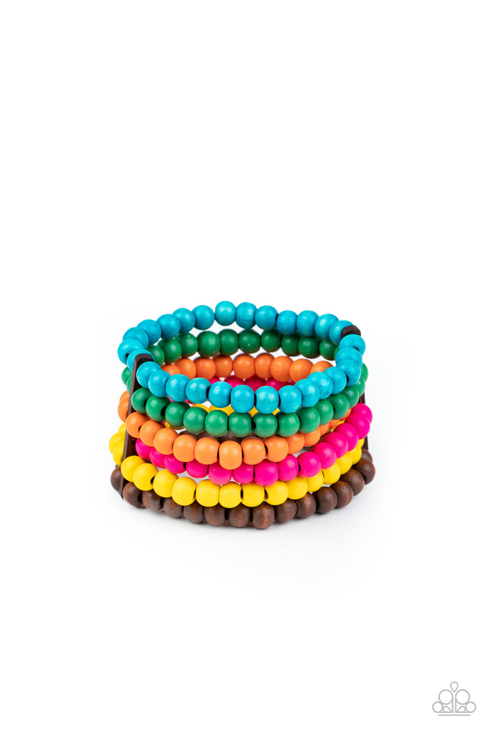 Diving in Maldives Multi Wooden Bracelet - Paparazzi Accessories. Held in place with rectangular wooden fittings, a collection of vivacious pink, blue, orange, green, yellow, and brown wooden beads are threaded along stretchy bands around the wrist, creating colorful layers. All Paparazzi Accessories are lead free and nickel free! Sold as one individual bracelet.