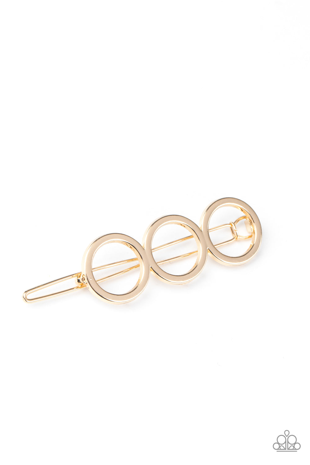 A HOLE Lot of Trouble Gold Hair Clip - Paparazzi Accessories A trio of gold rings delicately connect into an airy minimalist inspired frame. Features a clamp barrette closure. All Paparazzi Accessories are lead free and nickel free! Sold as one individual hair clip.