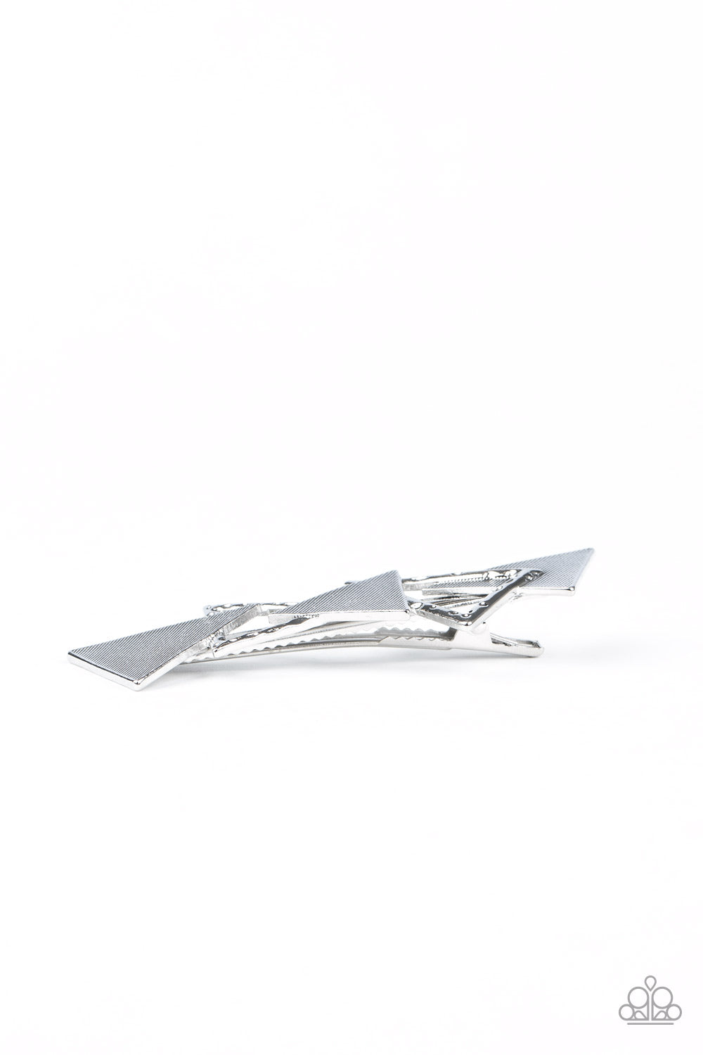 Know All The TRIANGLES Silver Hair Clip - Paparazzi Accessories An abstract collection of hammered and textured silver triangles overlap into an edgy frame. Features a standard hair clip on the back. Sold as one individual hair clip.