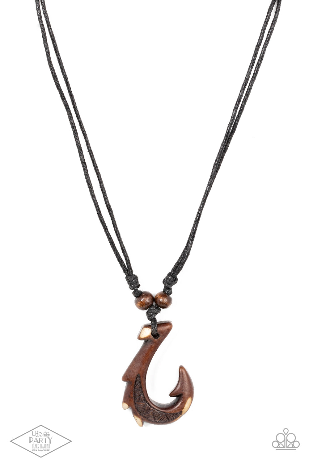 Off The Hook Urban Necklace - Paparazzi Accessories Hanging from the bottom of a double strand of black twine is an urban hook design. Finished in an uneven brown stain, the trendy hook design is complemented with two wooden bead knotted in black twine. Sliding knot closure allows for an adjustable fit. Sold as one individual necklace. This Fan Favorite is back in the spotlight at the request of our 2021 Life of the Party member with Black Diamond Access, Taylor K.