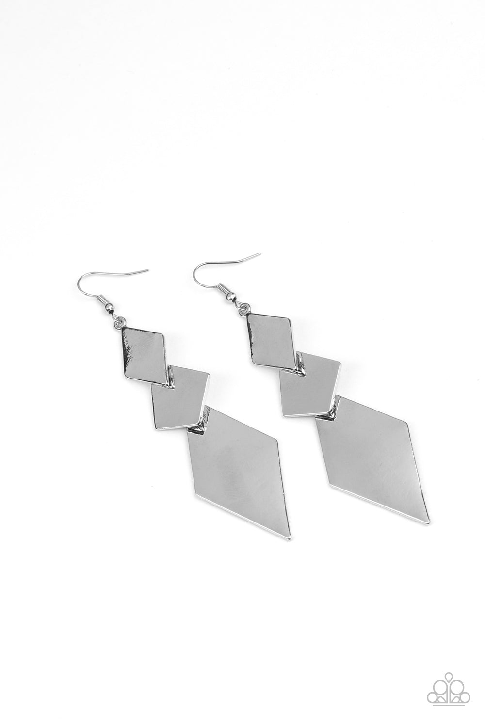 Danger Ahead Silver Earring - Paparazzi Accessories A trio of shiny mismatched kite-shaped frames overlap into a sharp-looking lure. Earring attaches to a standard fishhook fitting. All Paparazzi Accessories are lead free and nickel free! Sold as one pair of earrings.