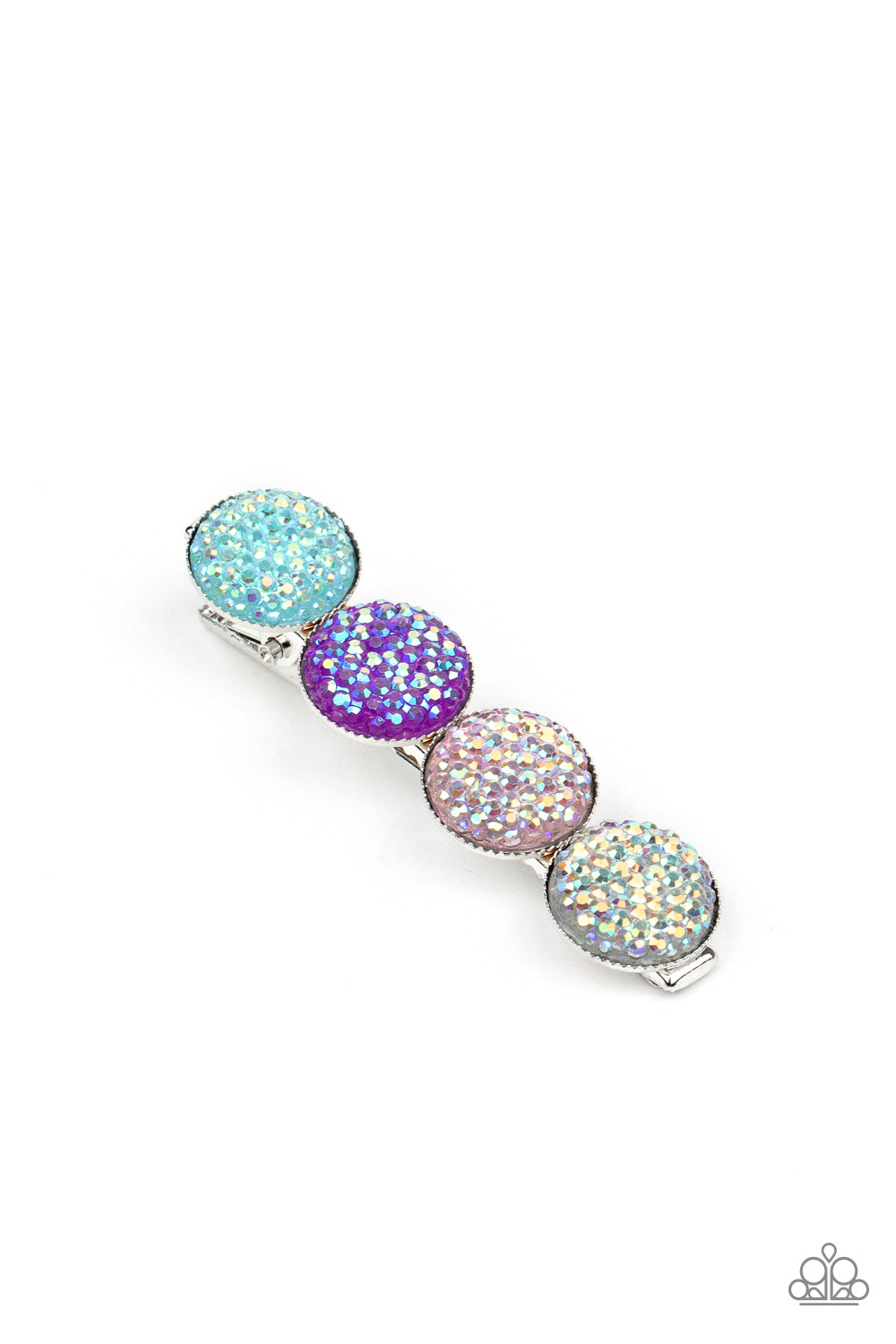 When GLEAMS Come True Multi Hair Clip - Paparazzi Accessories. Featuring an iridescent shimmer, pink, blue, and purple rhinestone dotted gems are encrusted across the front of a shiny silver bar for a colorfully bubbly look. Features a standard hair clip on the back. All Paparazzi Accessories are lead free and nickel free! Sold as one individual hair clip.