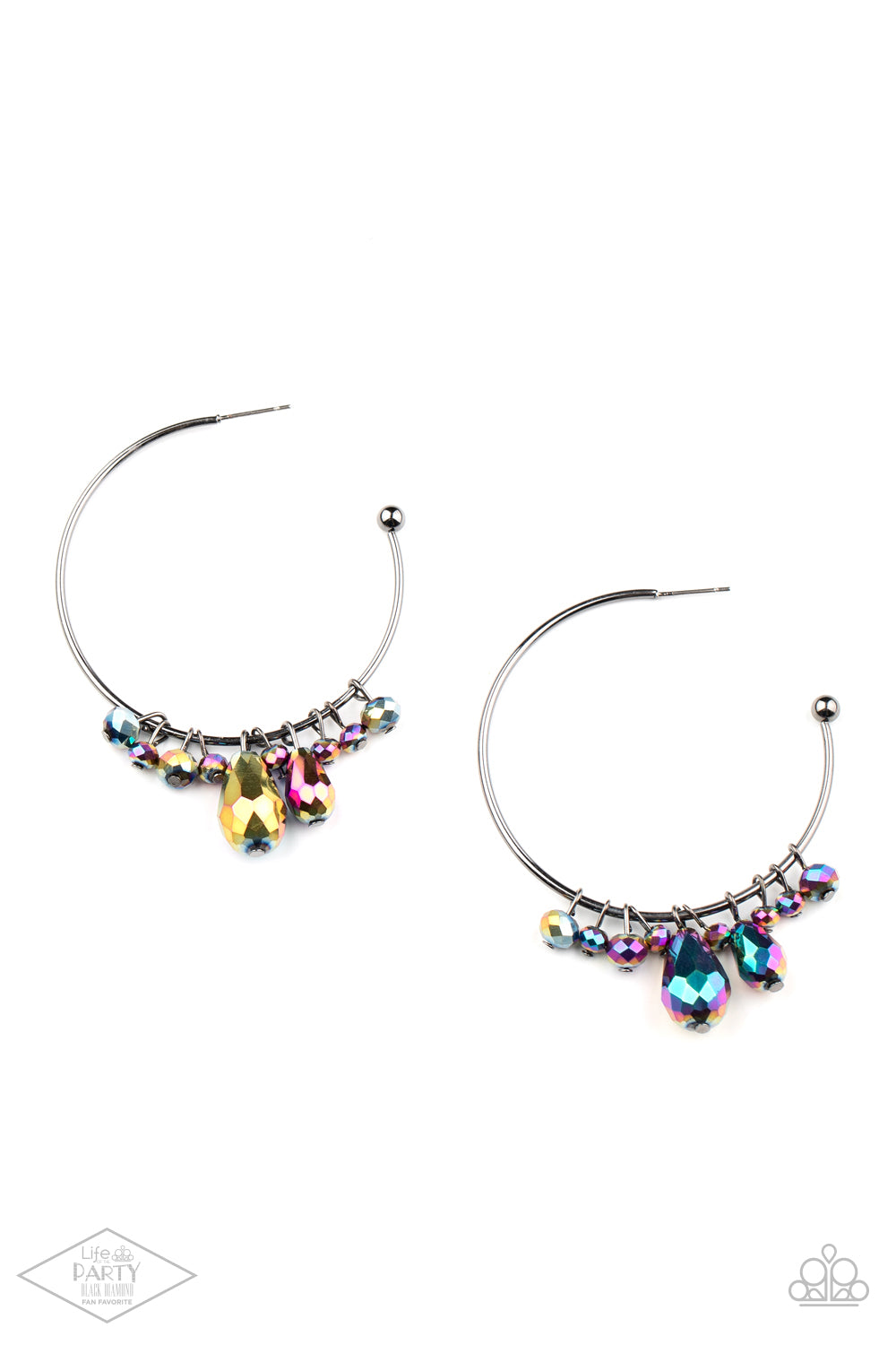 Dazzling Downpour Multi Hoop Earring - Paparazzi Accessories Featuring an oil spill shimmer, a collection of round and teardrop crystal-like beads slide along a dainty gunmetal hoop for a modern twist. Earring attaches to a standard post fitting. Hoop measures approximately 2" in diameter. Sold as one pair of hoop earrings. This Fan Favorite is back in the spotlight at the request of our 2021 Life of the Party member with Black Diamond Access, Morgan H.