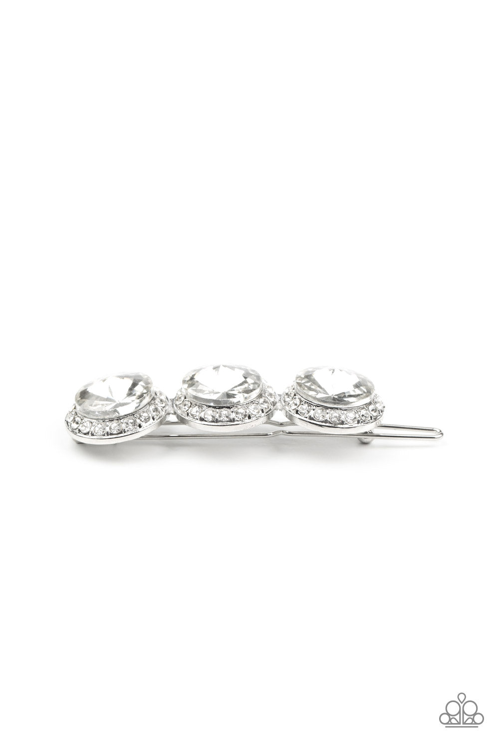SPOTLIGHT It Up White Hair Clip - Paparazzi Accessories Encrusted in glassy white rhinestones, a trio of oversized white gems coalesce into a blinding centerpiece. Features a clamp barrette closure. Sold as one individual hair clip.