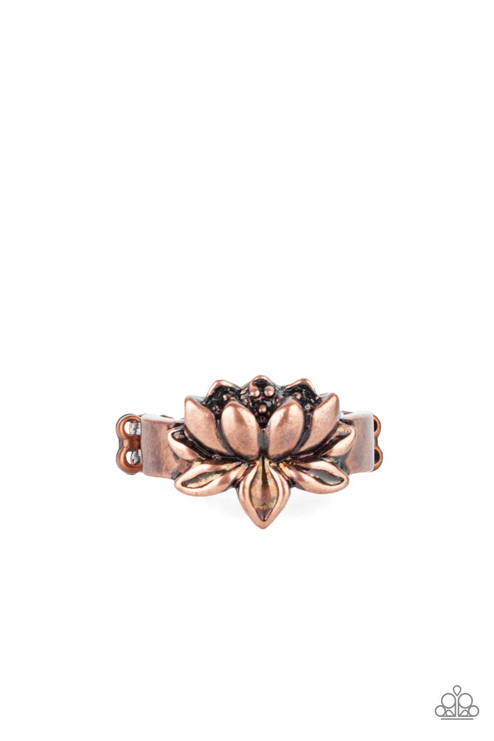 Lotus Crowns Copper Ring - Paparazzi Accessories Brushed in an antiqued shimmer, a lifelike copper lotus embellishes the center of a dainty copper band for a whimsical look. Features a dainty stretchy band for a flexible fit. All Paparazzi Accessories are lead free and nickel free! Sold as one individual ring.