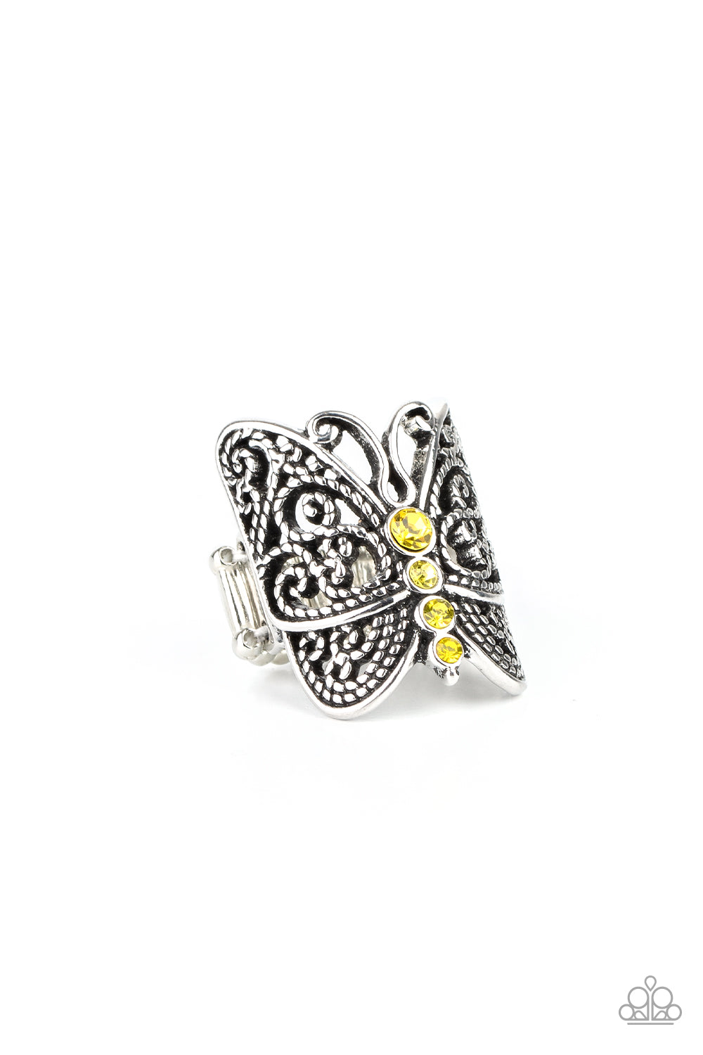 Butterfly Bling Yellow Ring - Paparazzi Accessories. A row of glittery Illuminating rhinestones adorns the center of a shiny silver butterfly featuring whimsically studded filigree wings. Features a stretchy band for a flexible fit. All Paparazzi Accessories are lead free and nickel free! Sold as one individual ring.