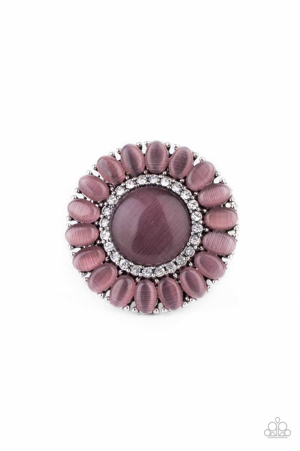 Elegantly Eden Purple Ring - Paparazzi Accessories Purple cat's eye stone petals elegantly bloom from a dreamy purple cat's eye center that has been encrusted in a ring of glassy white rhinestones for an elegant finish. Features a stretchy band for a flexible fit. All Paparazzi Accessories are lead free and nickel free! Sold as one individual ring.