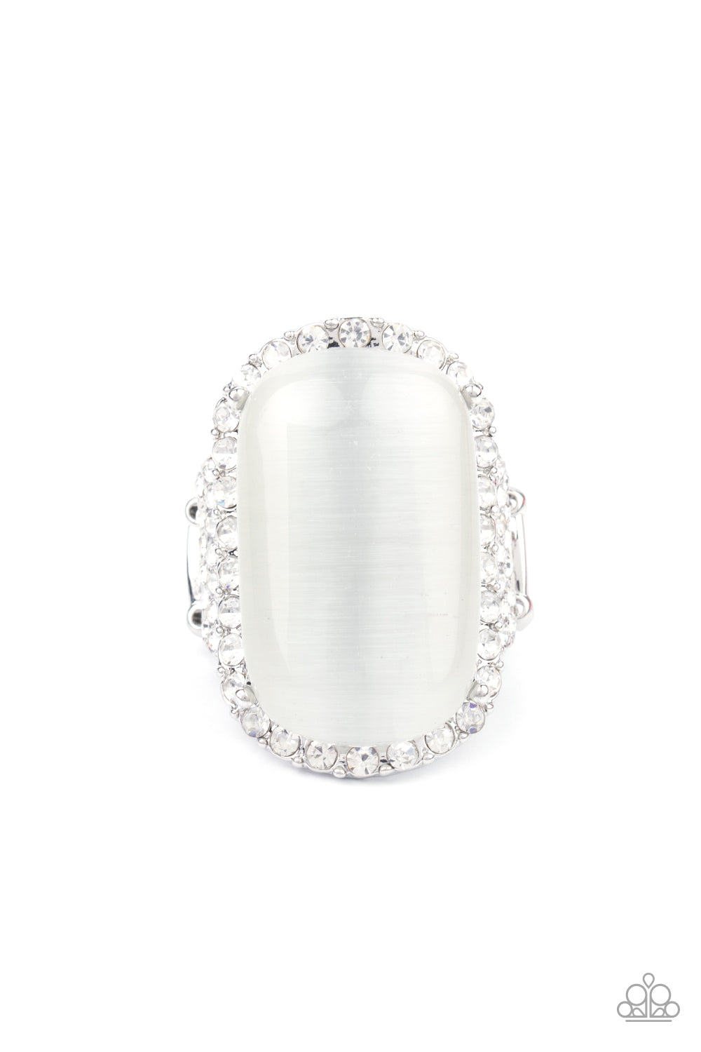 Thank Your LUXE-y Stars White Ring - Paparazzi Accessories An oversized white cat's eye stone sits atop an icy silver frame bedazzled in blinding white rhinestones for a luxurious look. Features a stretchy band for a flexible fit. All Paparazzi Accessories are lead free and nickel free! Sold as one individual ring.