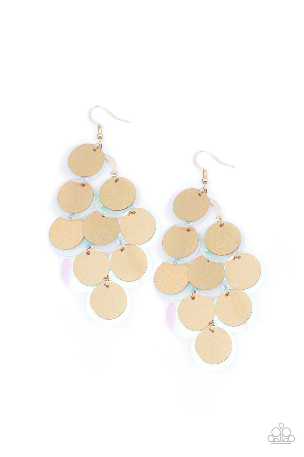 Sequin Seeker Gold Earring - Paparazzi Accessories. A bubbly collection of oversized gold and iridescent sequins cascade from the ear, creating a flirty holographic fringe. Earring attaches to a standard fishhook fitting. All Paparazzi Accessories are lead free and nickel free! Sold as one pair of earrings.