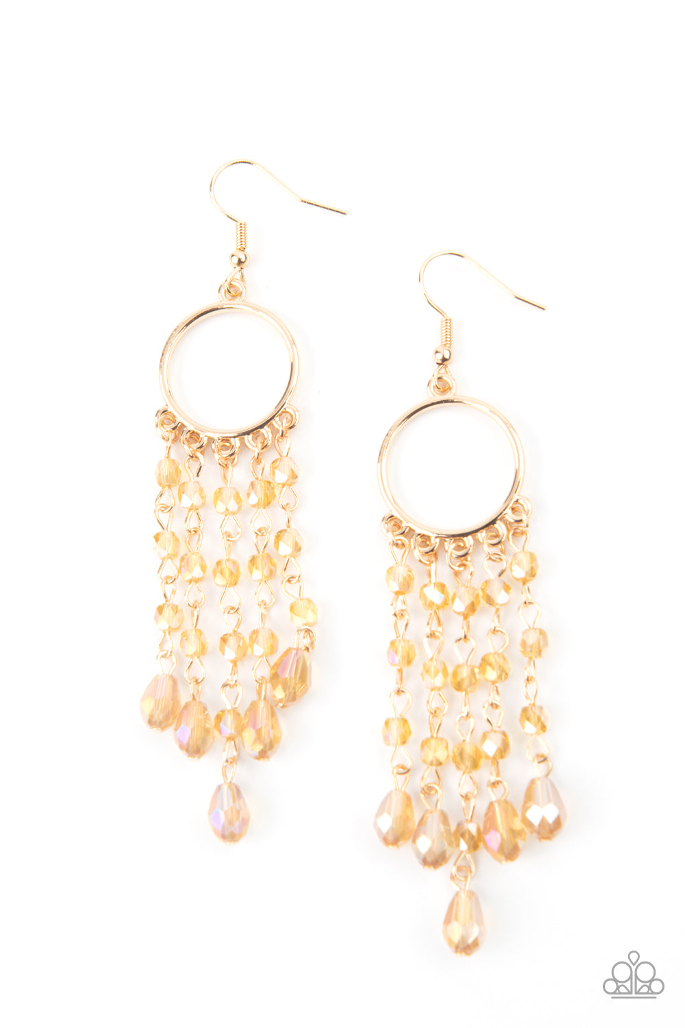 Dazzling Delicious Gold Earring - Paparazzi Accessories Glittery rows of iridescently golden crystal-like beads stream from the bottom of a dainty gold hoop, creating a dazzling chandelier. Earring attaches to a standard fishhook fitting. All Paparazzi Accessories are lead free and nickel free! Sold as one pair of earrings.