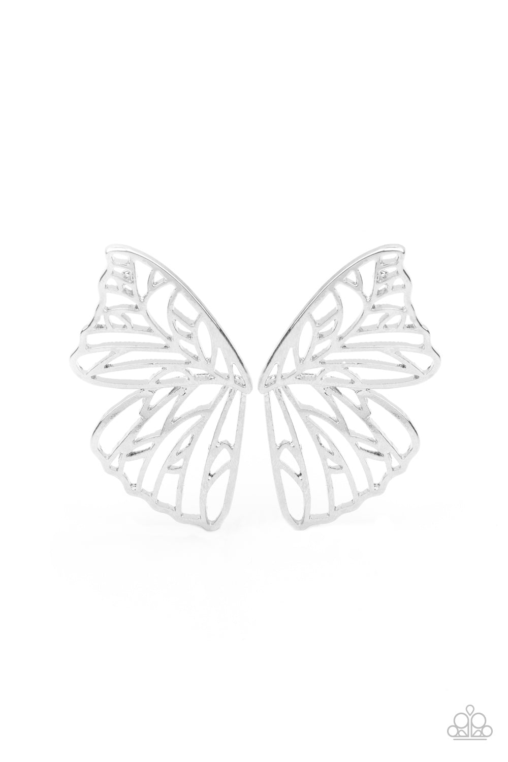 Butterfly Frills Silver Earring - Paparazzi Accessories Shimmery silver bars delicately climb scalloped silver frames, coalescing into a whimsical butterfly wing. Earring attaches to a standard post fitting. All Paparazzi Accessories are lead free and nickel free! Sold as one pair of double-sided post earrings.