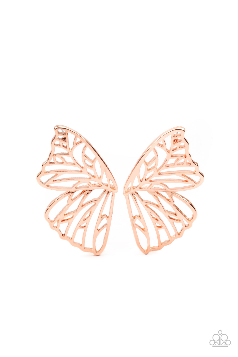Butterfly Frills Copper Post Earring - Paparazzi Accessories Shiny copper bars delicately climb scalloped shiny copper frames, coalescing into a whimsical butterfly wing. Earring attaches to a standard post fitting. All Paparazzi Accessories are lead free and nickel free! Sold as one pair of post earrings.
