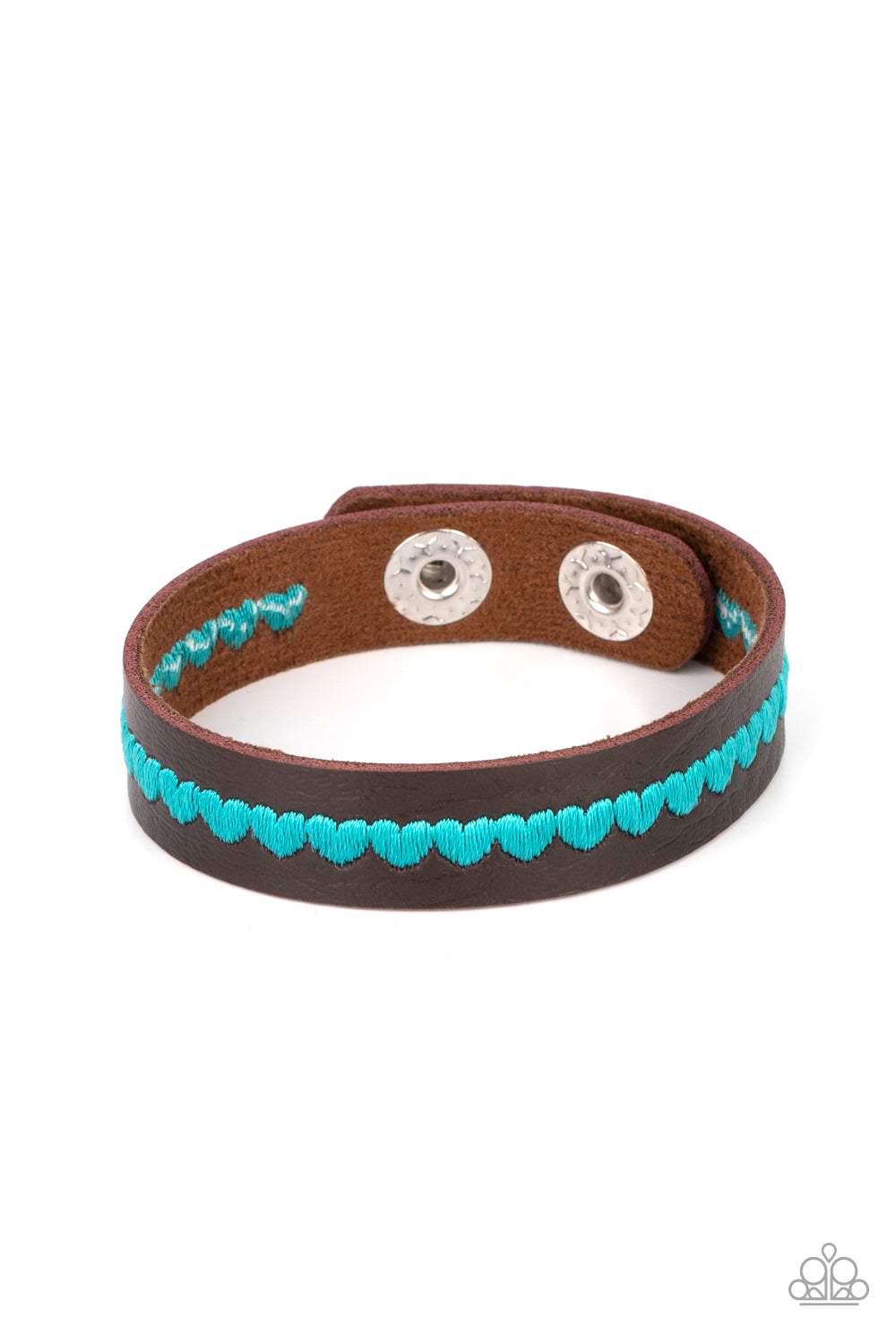 Made With Love Blue Urban Wrap Bracelet - Paparazzi Accessories. A colorful row of blue hearts is stitched across the front of a dainty brown leather band. Features an adjustable snap closure. All Paparazzi Accessories are lead free and nickel free! Sold as one individual bracelet.