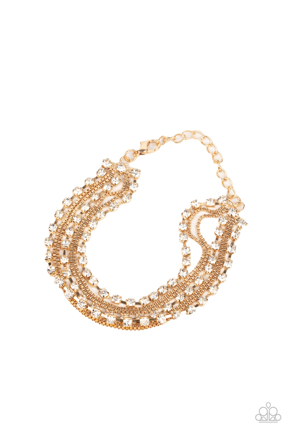Thats a Smash! Gold Bracelet - Paparazzi Accessories Strands of glittery white rhinestones and rows of dainty gold box chains alternate across the wrist, layering into a sassy display of sparkle. Features an adjustable clasp closure. All Paparazzi Accessories are lead free and nickel free! Sold as one individual bracelet.