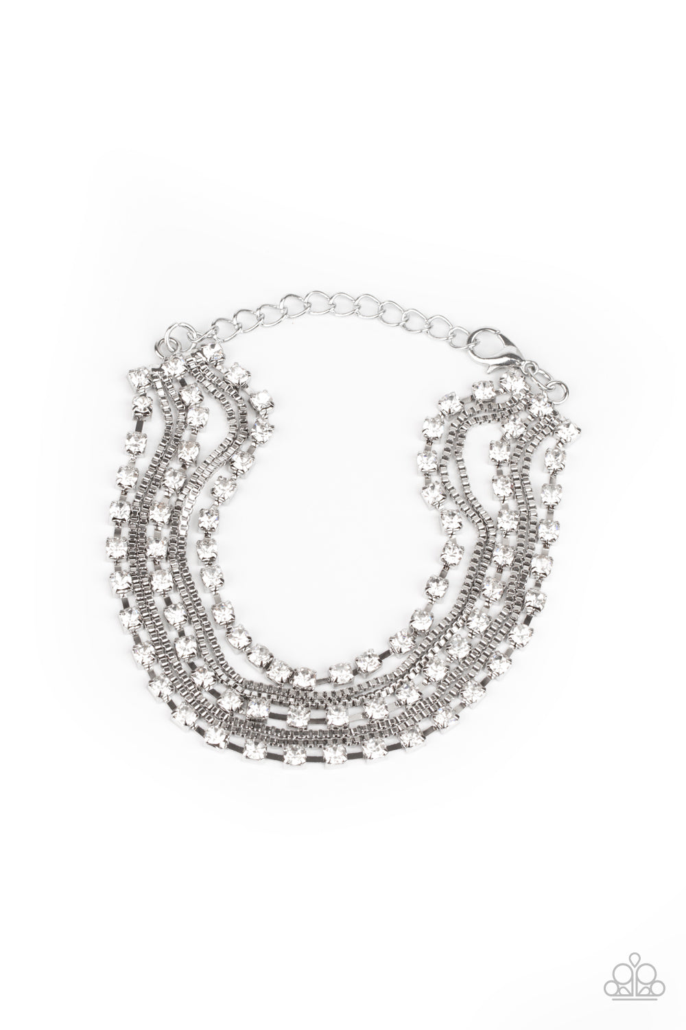 Thats a Smash! White Bracelet - Paparazzi Accessories Strands of glittery white rhinestones and rows of dainty silver box chains alternate across the wrist, layering into a sassy display of sparkle. Features an adjustable clasp closure. All Paparazzi Accessories are lead free and nickel free! Sold as one individual bracelet.