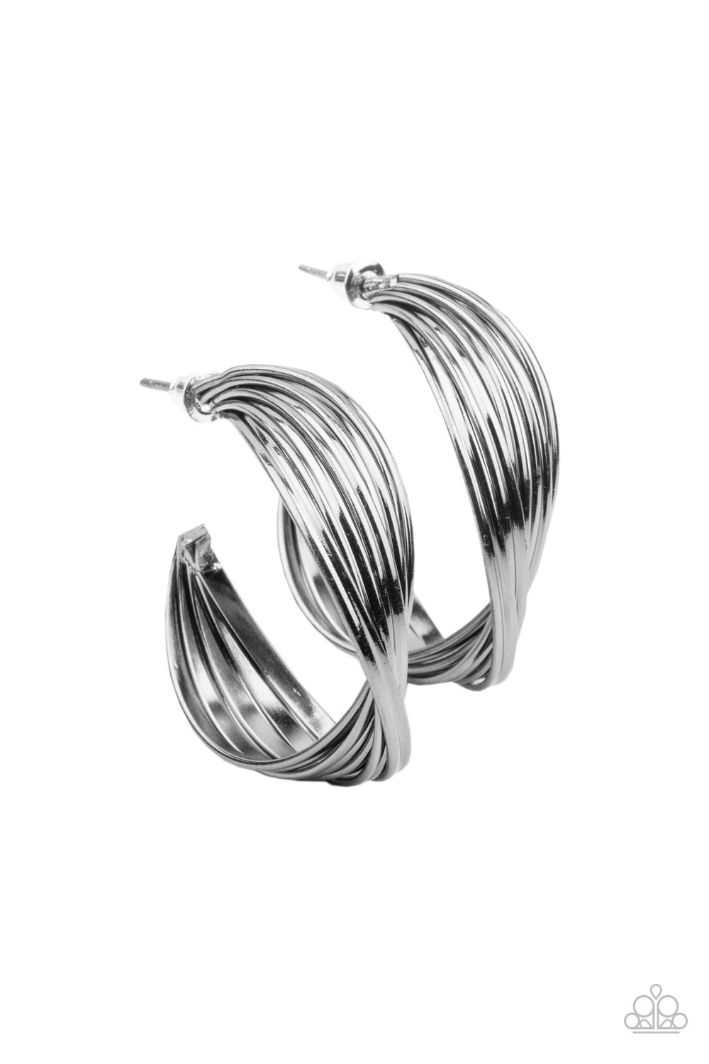 Curves In All The Right Places Black Hoop Earring - Paparazzi Accessories A stack of shiny gunmetal hoops delicately twists at the center, creating a curvaceous display. Earring attaches to a standard post fitting. Hoop measures approximately 1 1/4" in diameter. All Paparazzi Accessories are lead free and nickel free! Sold as one pair of hoop earrings.