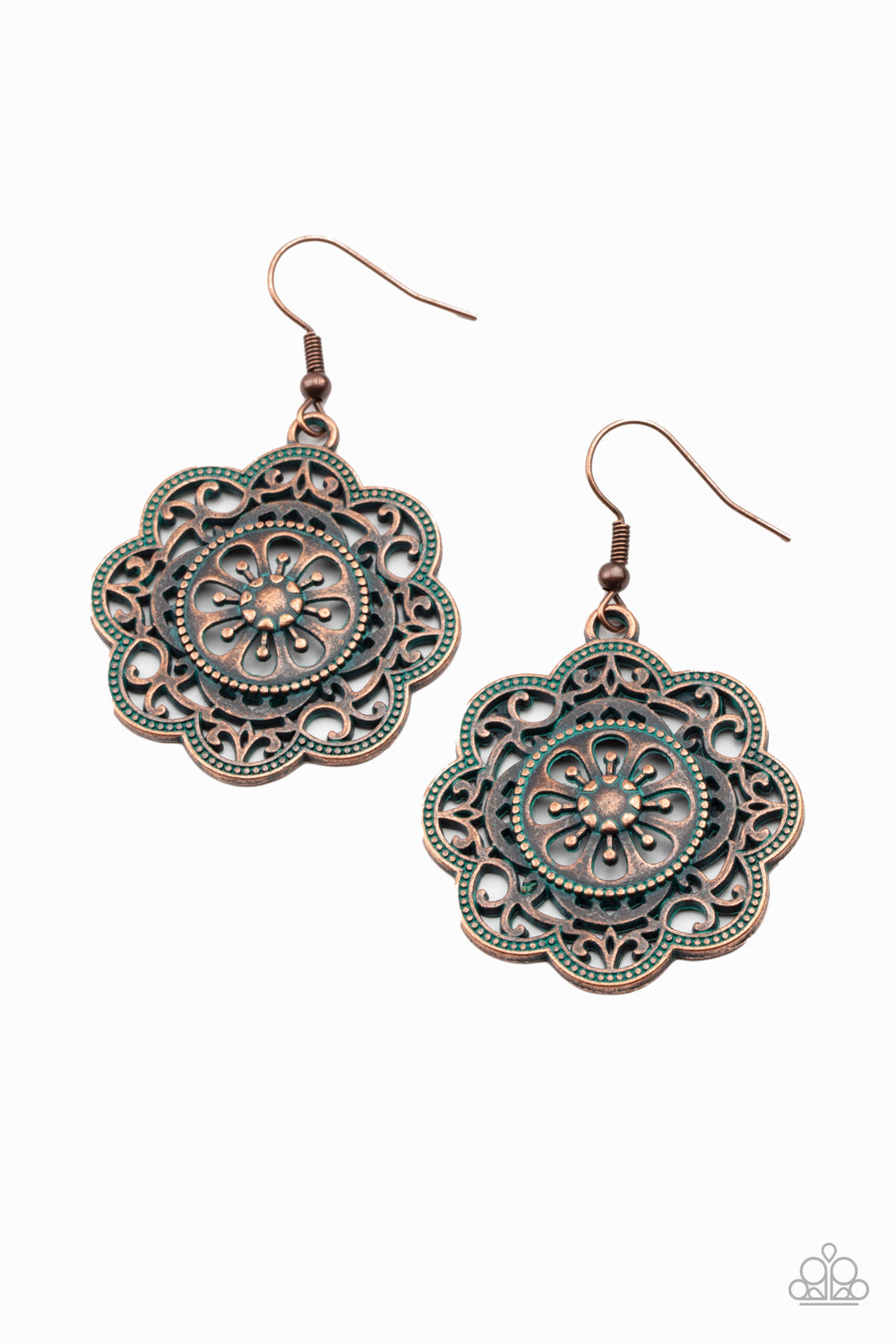 Western Mandalas Copper Earring - Paparazzi Accessories Featuring a rustic patina finish, a decorative mandala-like copper frame swings from the ear for a whimsical look. Earring attaches to a standard fishhook fitting. All Paparazzi Accessories are lead free and nickel free! Sold as one pair of earrings.
