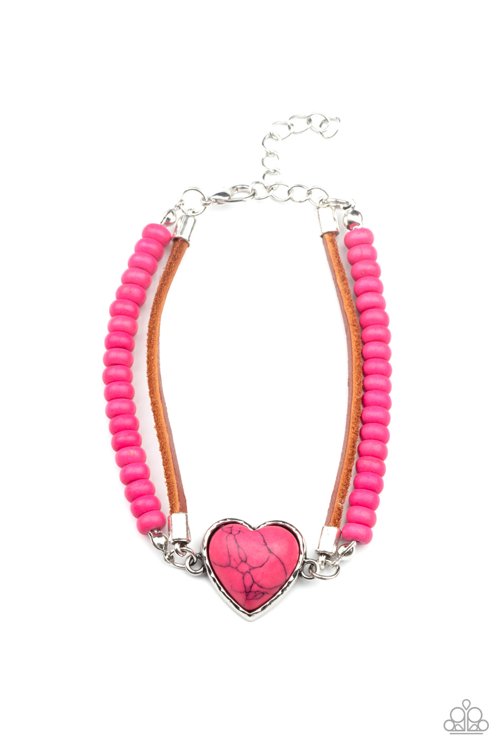 Charmingly Country Pink Heart Bracelet - Paparazzi Accessories A vivacious pink stone heart frame attaches to strands of brown suede and pink stone beads, creating a charming centerpiece around the wrist. Features an adjustable clasp closure. Sold as one individual bracelet. Get The Complete Look! Necklace: "Country Sweetheart - Pink" (Sold Separately)