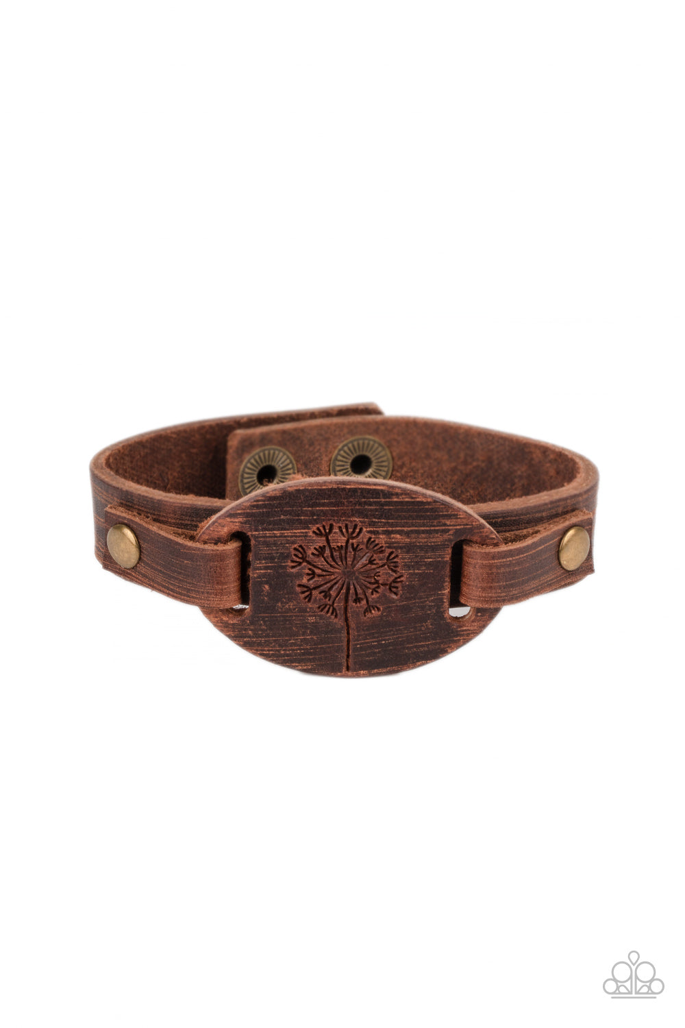 All Fine and DANDELION Brown Urban Bracelet - Paparazzi Accessories Stamped in a rustic dandelion decoration, a piece of brown leather is studded in place across the front of a distressed leather band for a whimsically southern look. Features an adjustable sliding knot closure. All Paparazzi Accessories are lead free and nickel free! Sold as one individual bracelet.