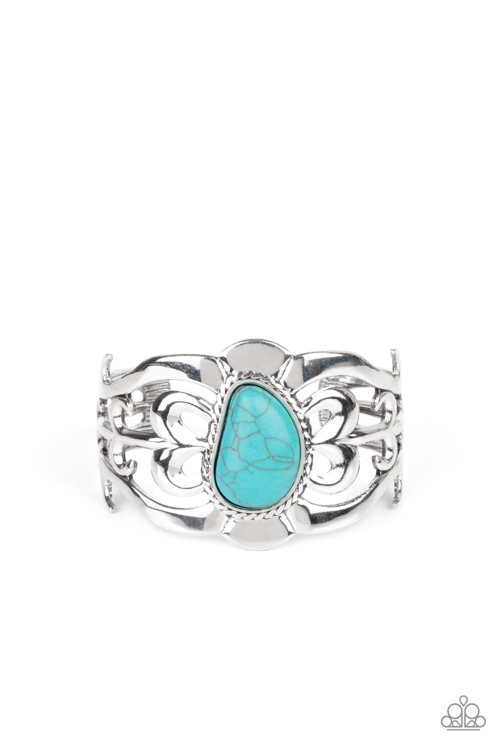 The MESAS are Calling Blue Cuff Bracelet - Paparazzi Accessories An asymmetrical turquoise stone is pressed into the center of a silver cuff layered with filigree patterns around the wrist for a rustic flair. All Paparazzi Accessories are lead free and nickel free! Sold as one individual bracelet.