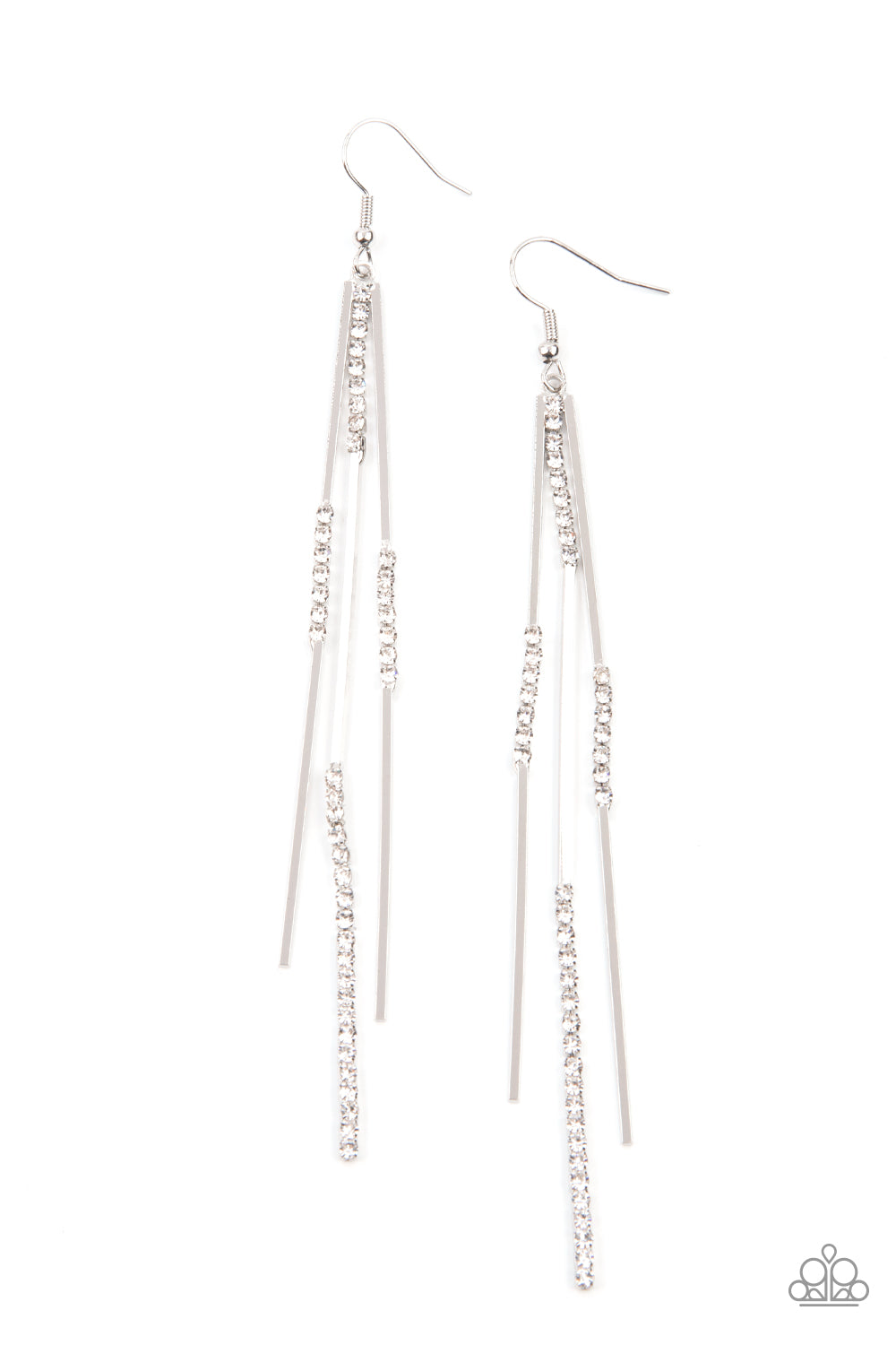 Dainty Dynamism White Earring - Paparazzi Accessories Sections of glassy white rhinestones attach to dainty silver rectangular rods, creating a statement-making tassel. Earring attaches to a standard fishhook fitting. All Paparazzi Accessories are lead free and nickel free! Sold as one pair of earrings.