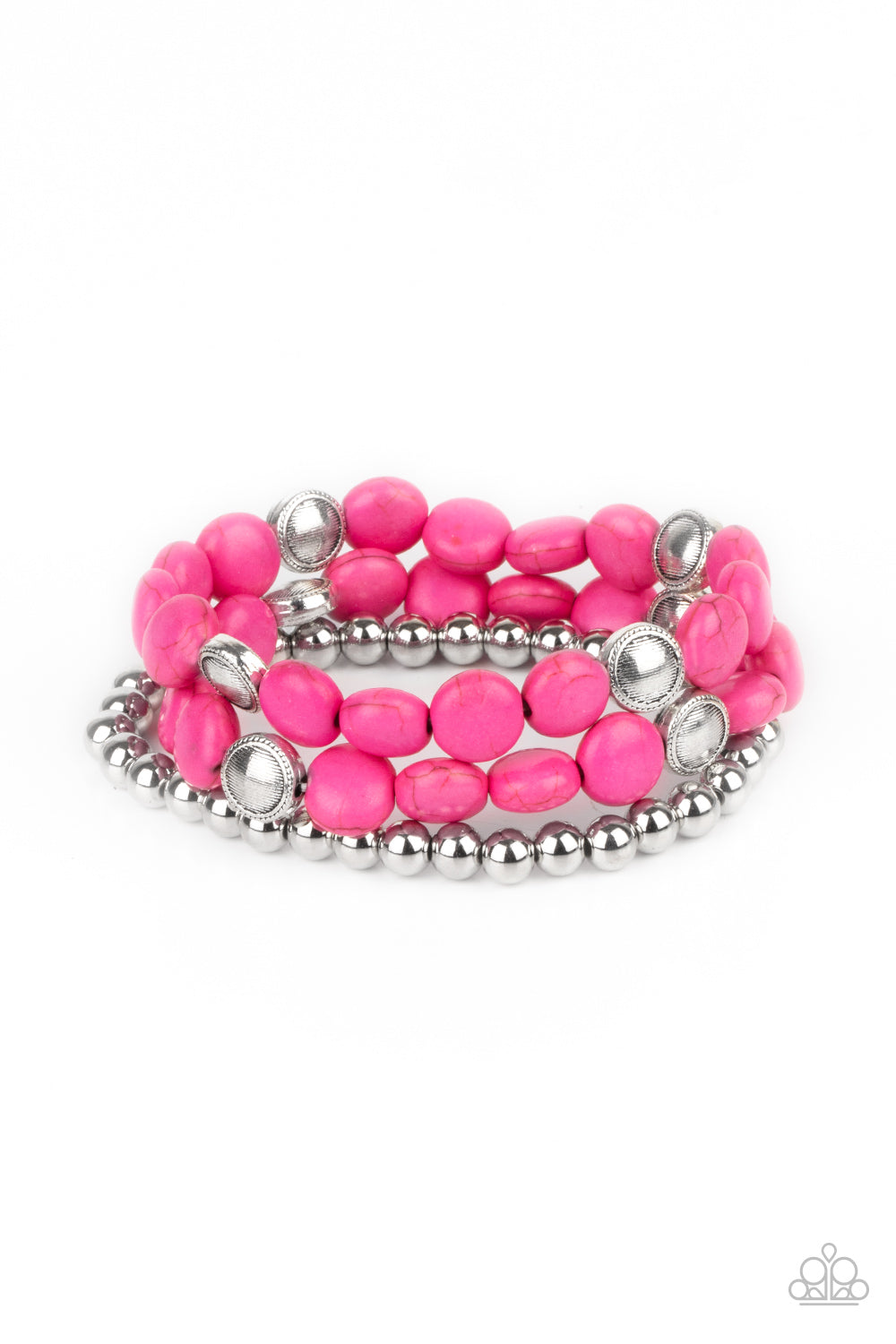 Desert Verbena Pink Bracelet - Paparazzi Accessories A vivacious collection of pink stone beads, ornate silver accents, and classic silver beads are threaded along stretchy bands around the wrist for a seasonally layered look. All Paparazzi Accessories are lead free and nickel free! Sold as one set of three bracelets.