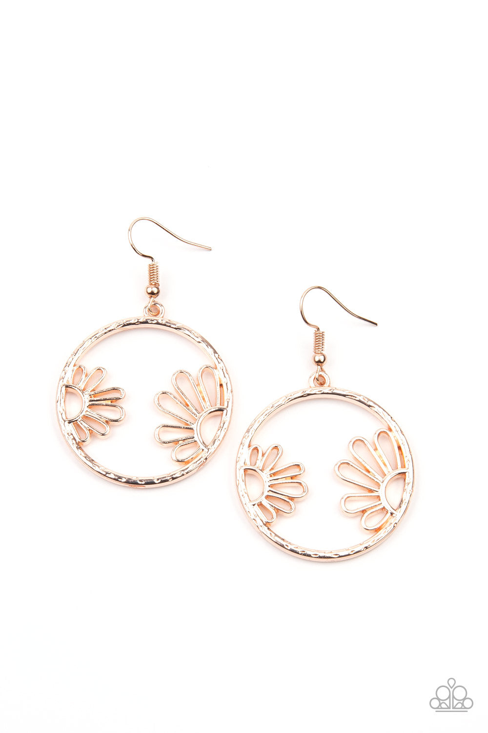 Demurely Daisy Rose Gold Earring - Paparazzi Accessories A pair of airy daisies bloom inside a hammered rose gold hoop, creating a whimsically seasonal display. Earring attaches to a standard fishhook fitting. All Paparazzi Accessories are lead free and nickel free! Sold as one pair of earrings.