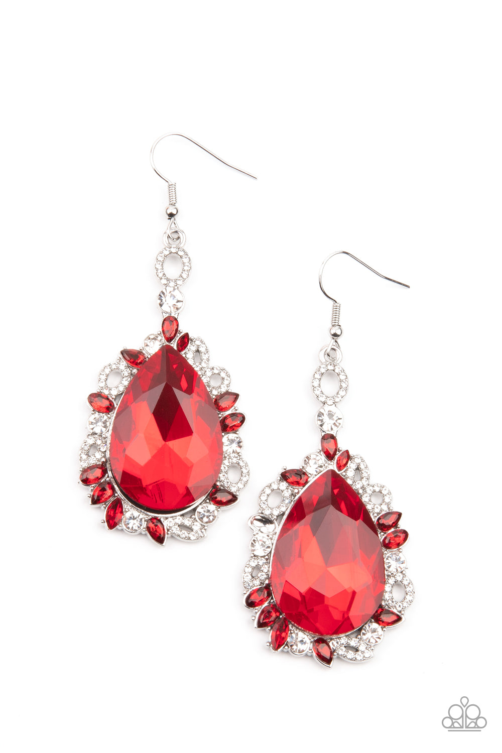 Royal Recognition Red Earring - Paparazzi Accessories. Featuring round, teardrop, and oval shapes, red and white rhinestone encrusted filigree borders a dramatically oversized red rhinestone teardrop for a jaw-dropping dazzle. Earring attaches to a standard fishhook fitting. All Paparazzi Accessories are lead free and nickel free! Sold as one pair of earrings.